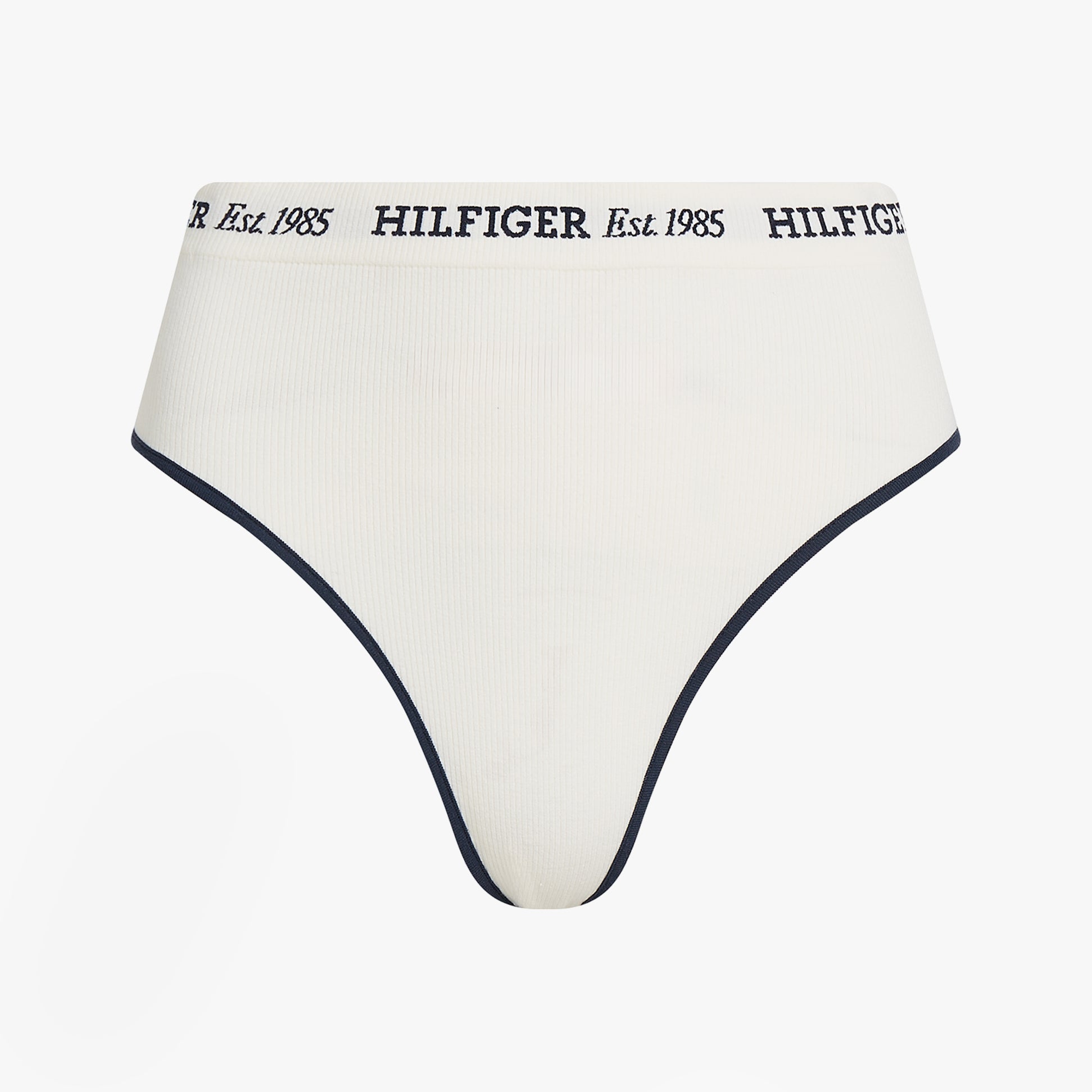 Tommy Hilfiger RIBBED Womens High Rise Briefs Ivory front view with ribbed texture and logo waistband