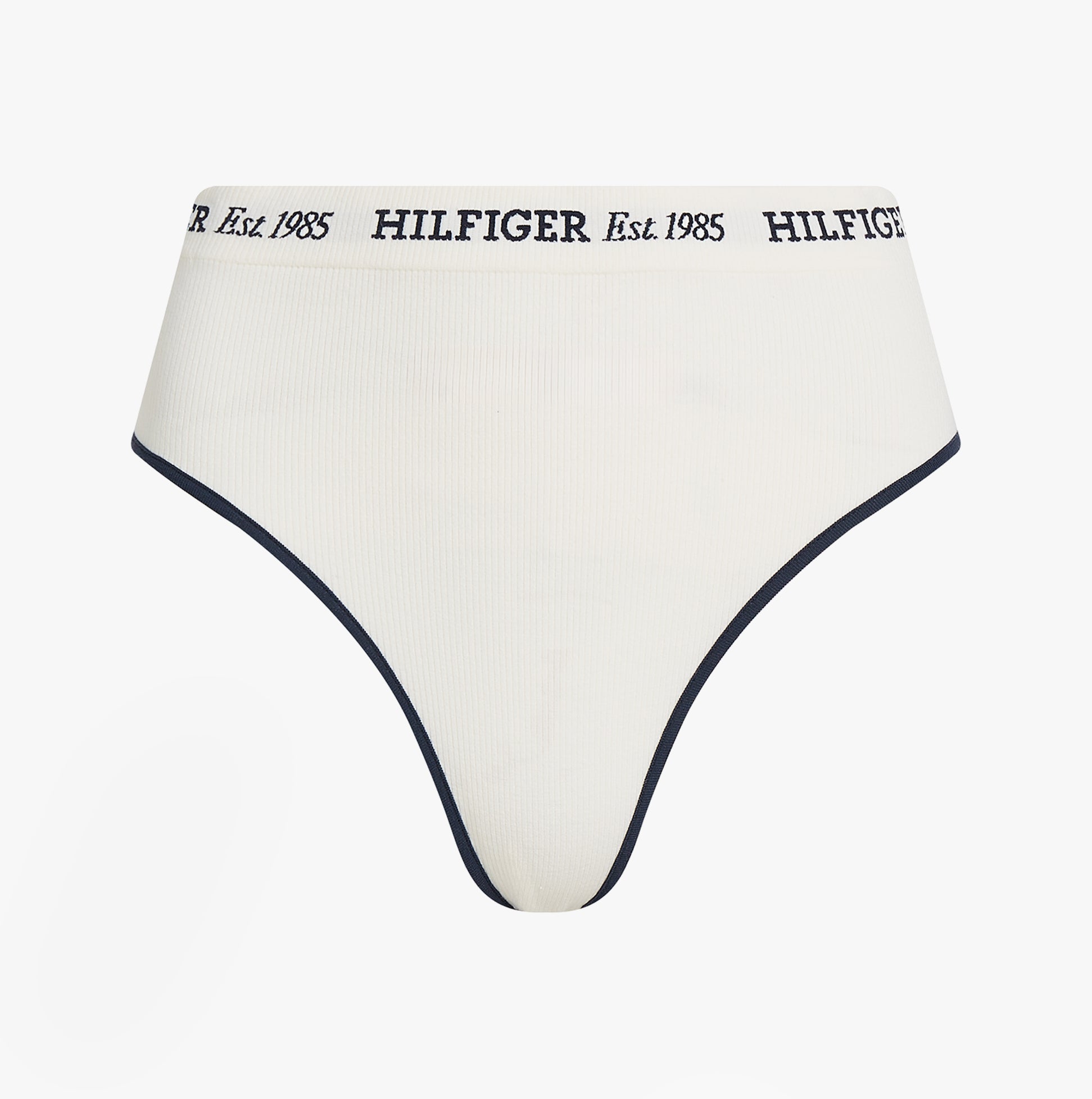 Tommy Hilfiger RIBBED Womens High Rise Briefs Ivory front view with ribbed texture and logo waistband