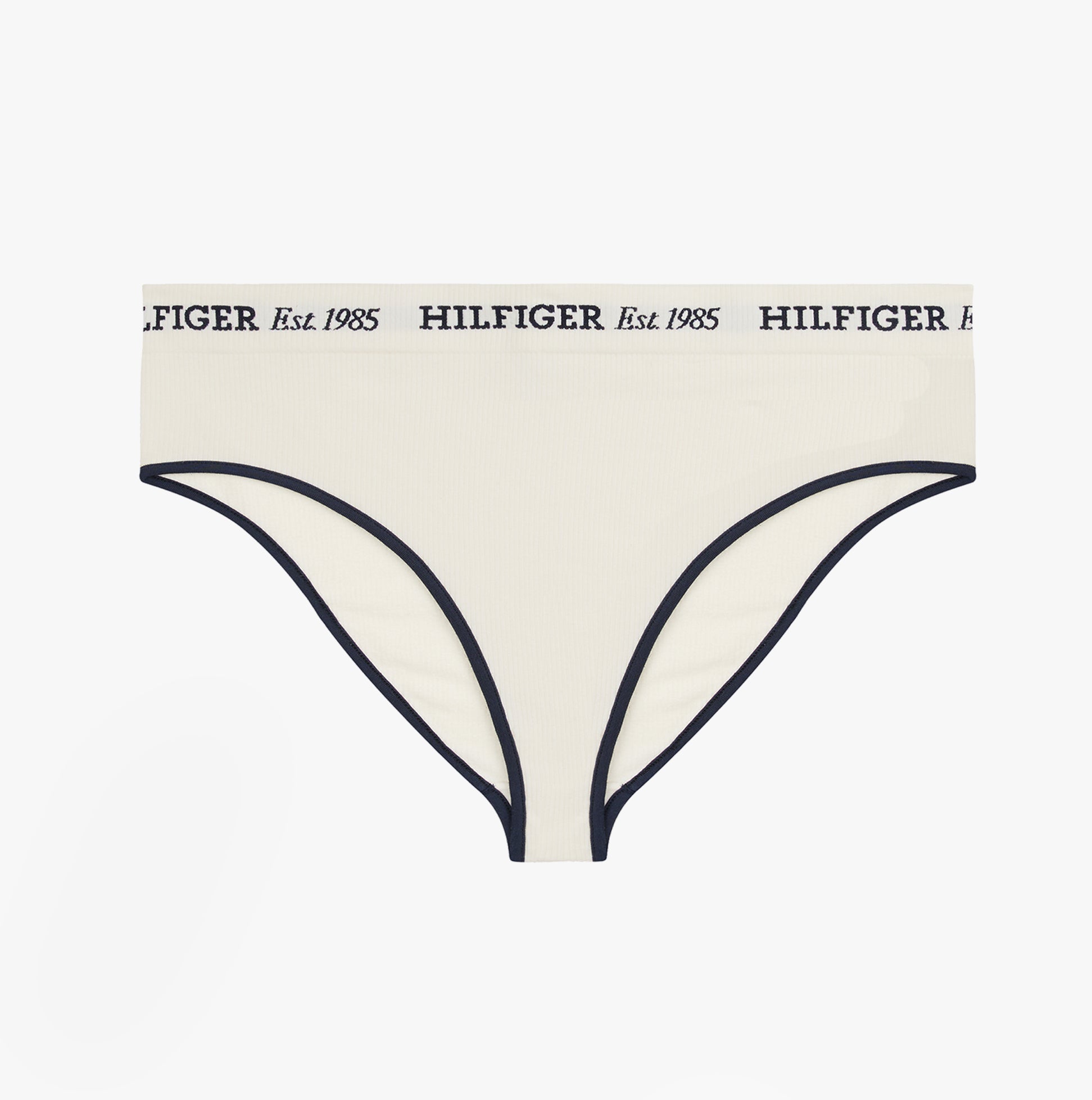 Tommy Hilfiger RIBBED Womens High Rise Briefs Ivory front view showcasing ribbed texture and logo waistband.