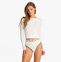 Tommy Hilfiger RIBBED Womens High Rise Briefs Ivory worn with long sleeve top, front view showcasing the ribbed texture and waistband.