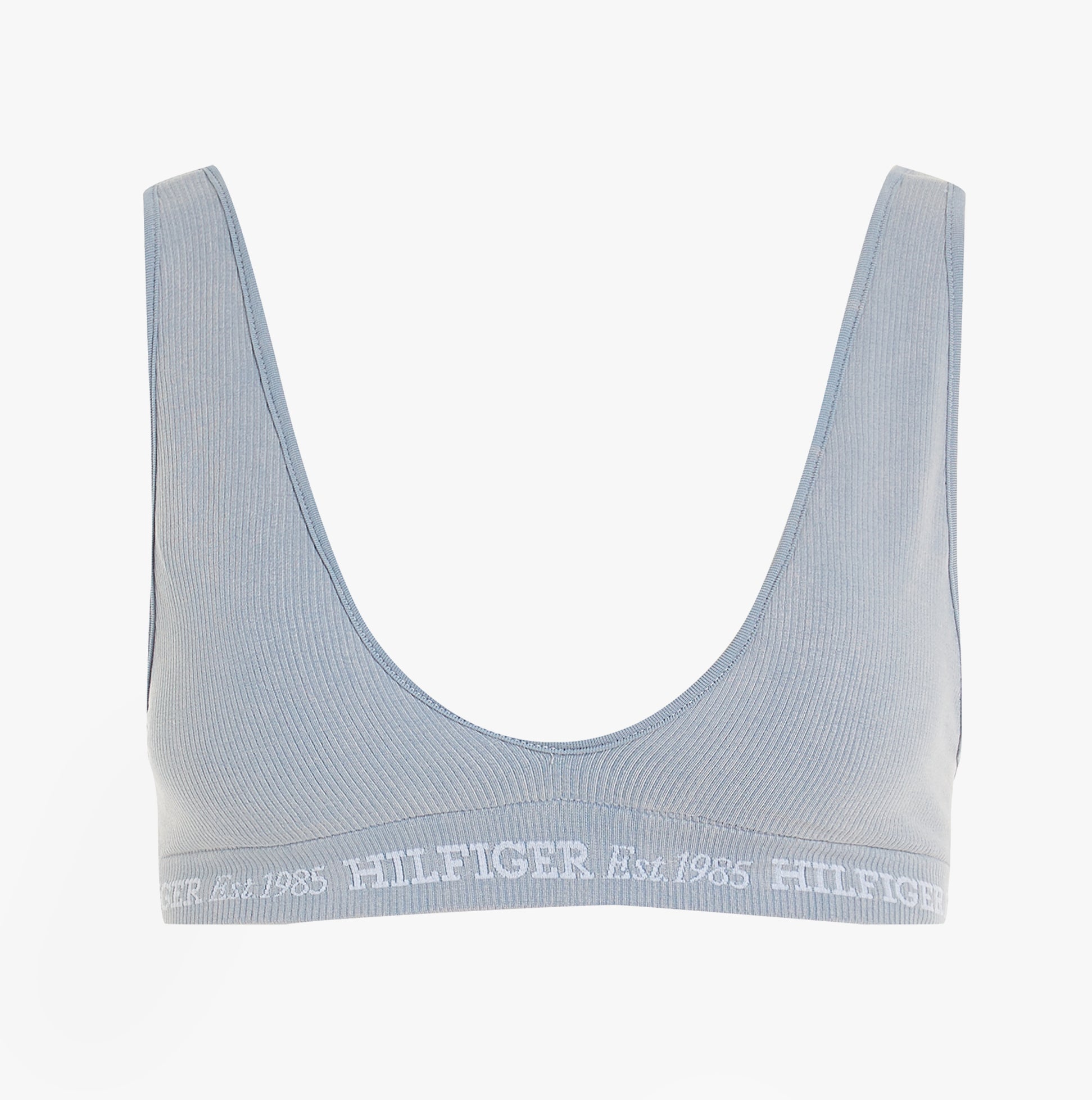 Tommy Hilfiger LOGO Womens Bralette Brisk Blue front view with scoop V-neck and logo elasticated underband.