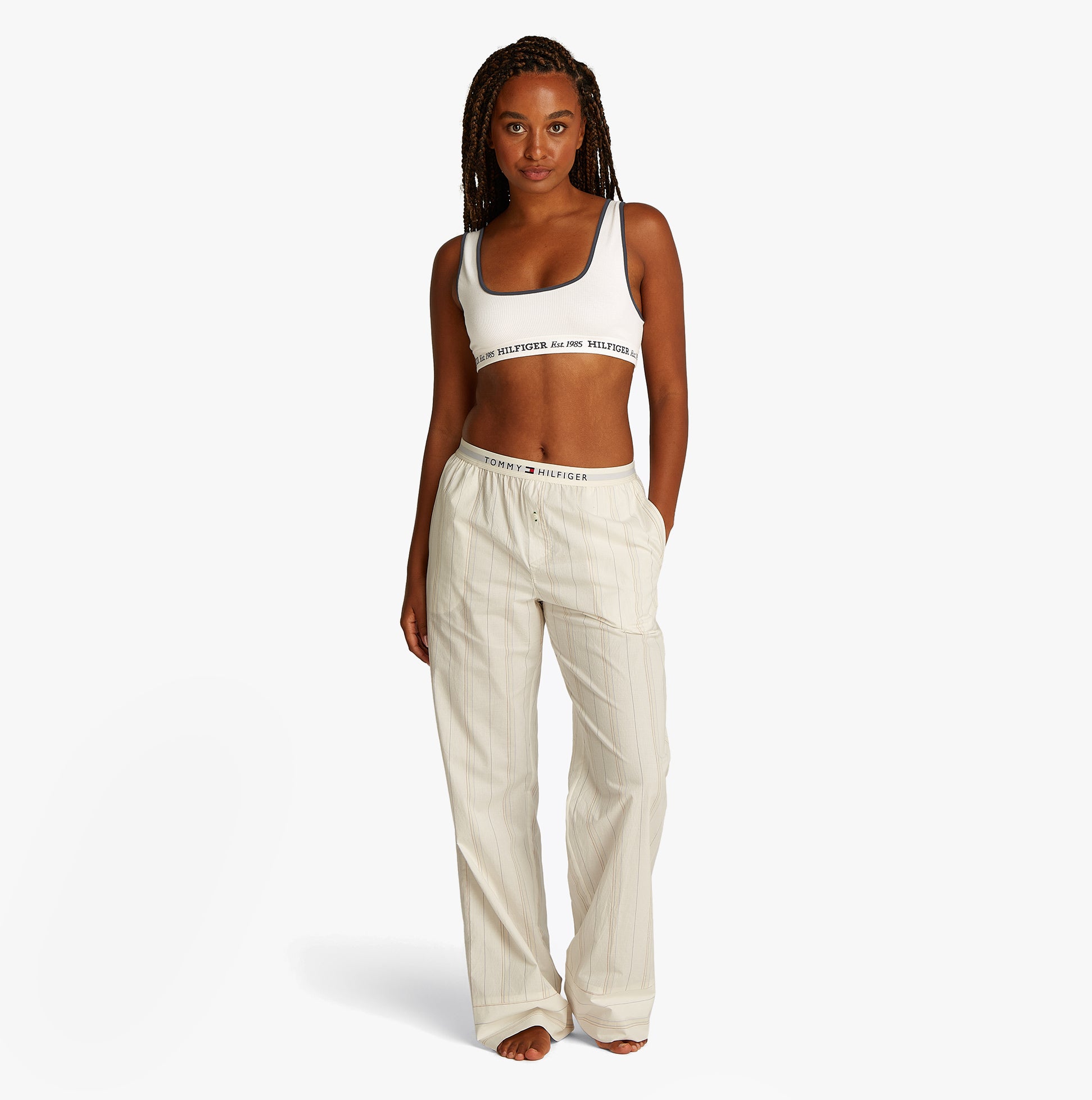 Tommy Hilfiger BRALETTE Womens Bikini Top Ivory front view with matching pants, showcasing the triangle bra design.
