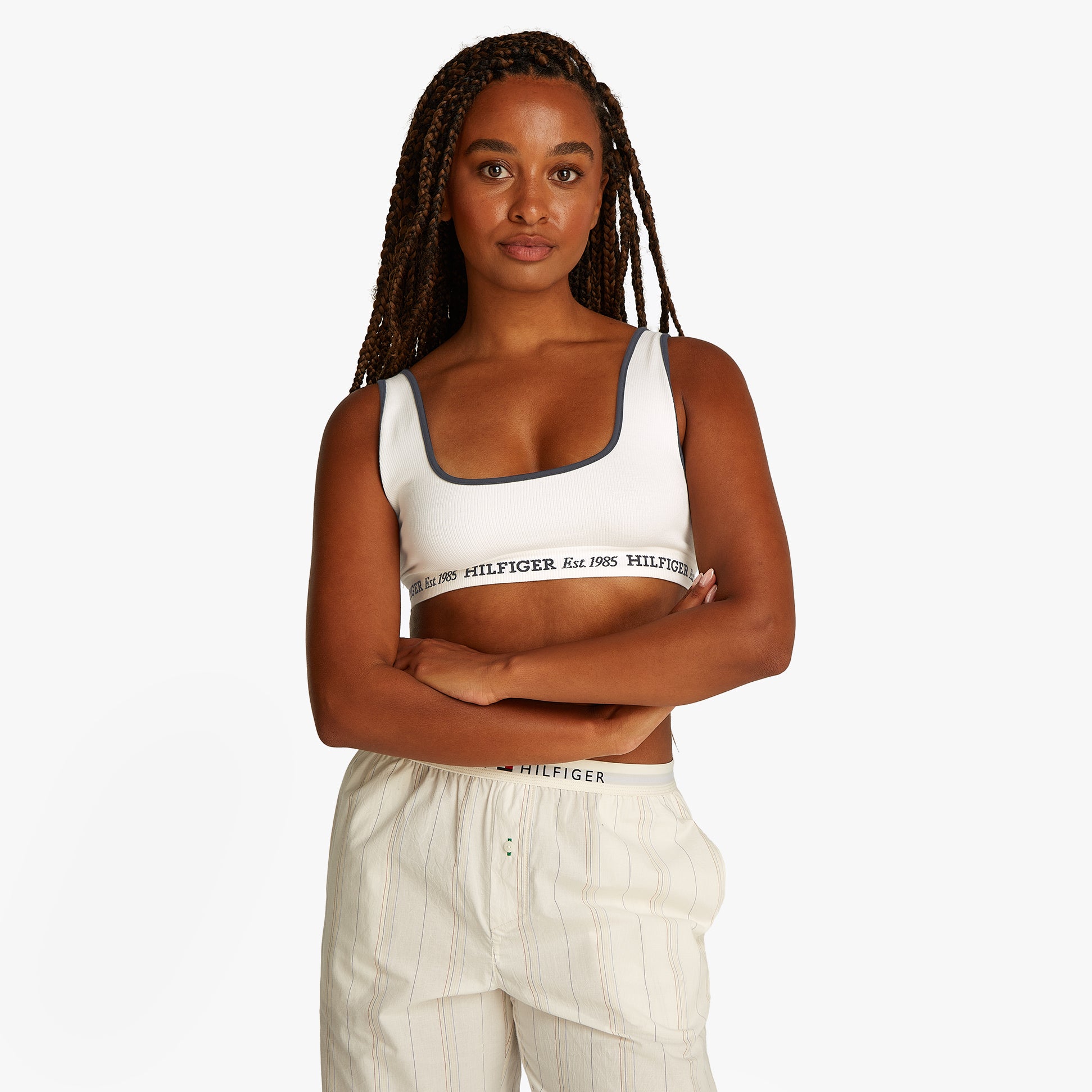 Tommy Hilfiger BRALETTE Womens Bikini Top Ivory front view model wearing with casual pants