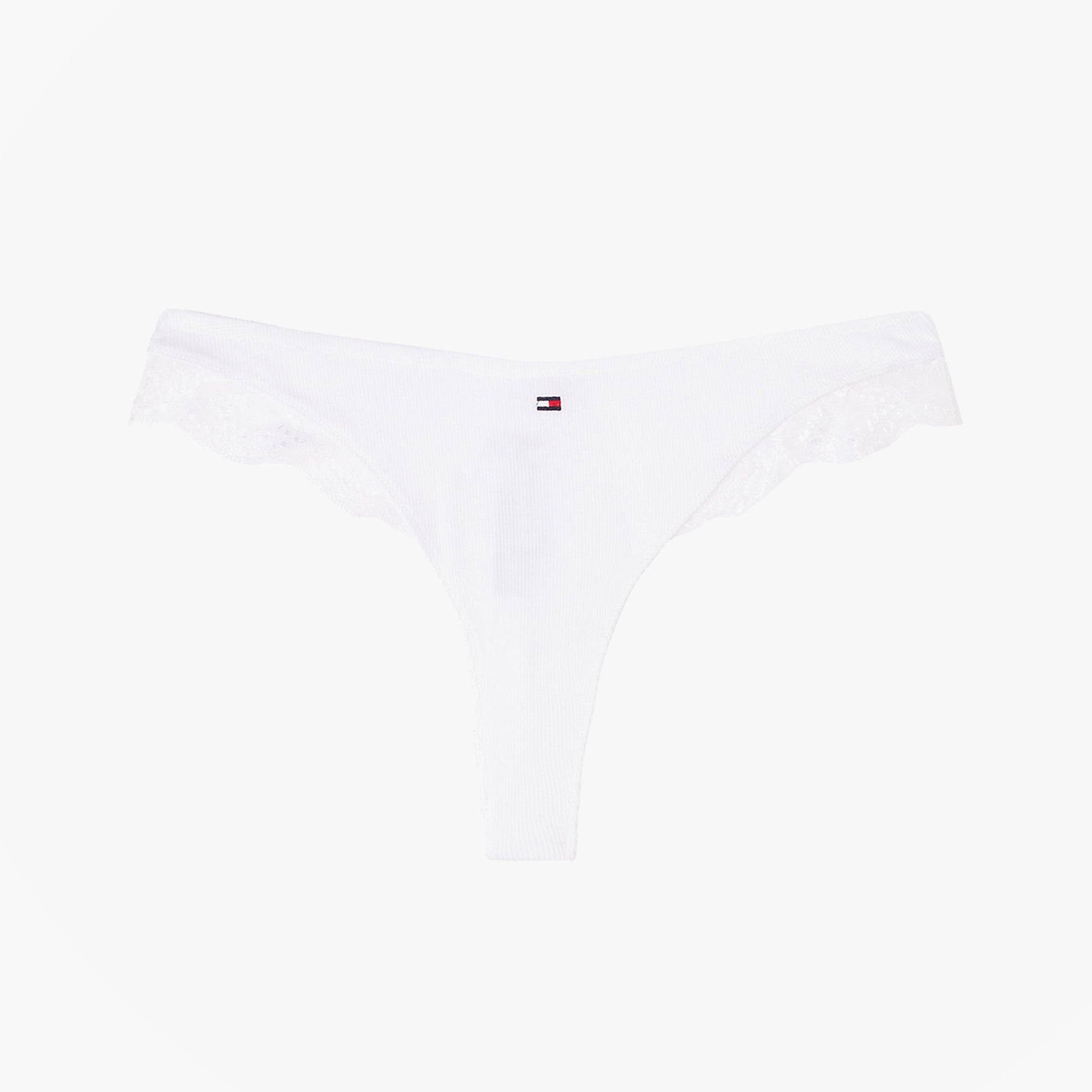 Tommy Hilfiger LACE TRIM Womens Dipped Thong White front view showcasing lace trim and dipped waist design.