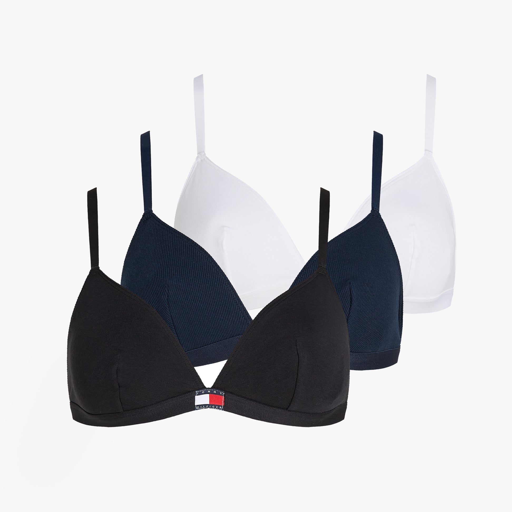 Tommy Hilfiger HERITAGE LOGO Womens 3 Pack Triangle Bras Black/ Navy Rib/ White front view showcasing three triangle bras.