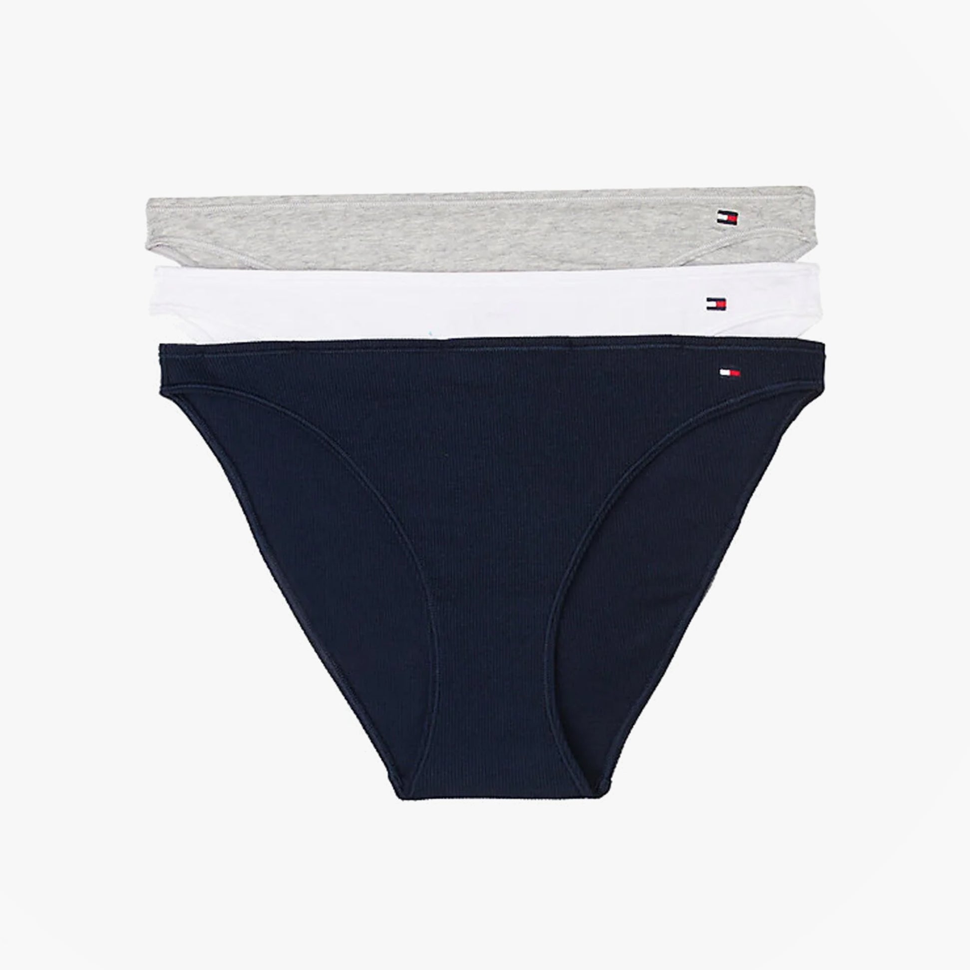 Tommy Hilfiger 3 PACK DIPPED BIKINI Womens Brief Multicoloured front view showing three bikini briefs in navy, grey and white.
