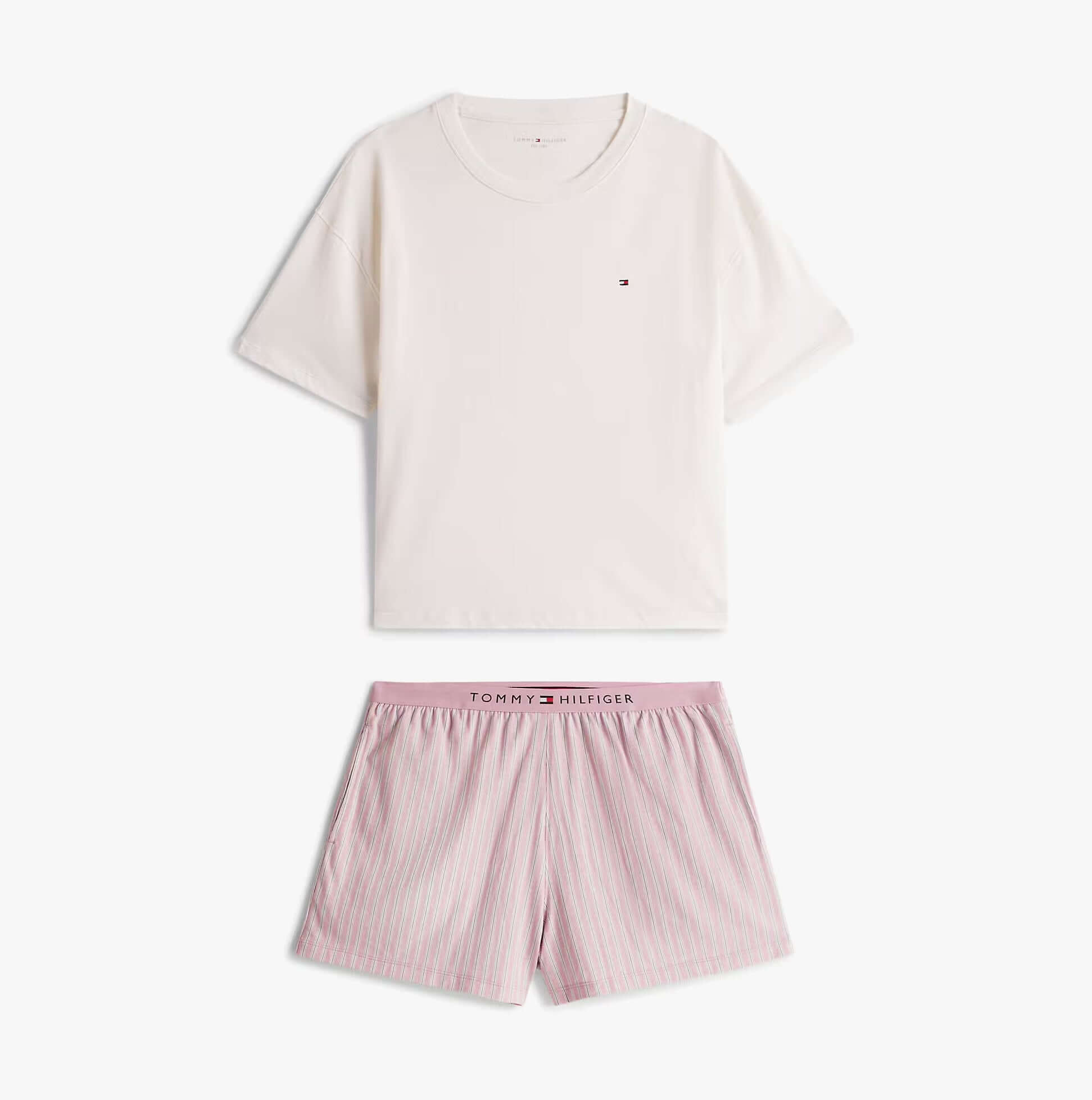 Tommy Hilfiger PJ SHORT SET Womens Pajamas Multicoloured, front view of a short-sleeve top and striped shorts.