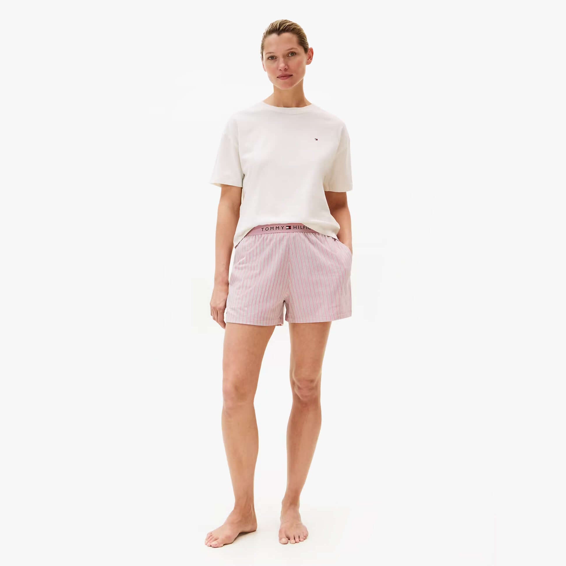 Tommy Hilfiger PJ SHORT SET Womens Pajamas Multicoloured front view model wearing extended sleeve loungewear set.