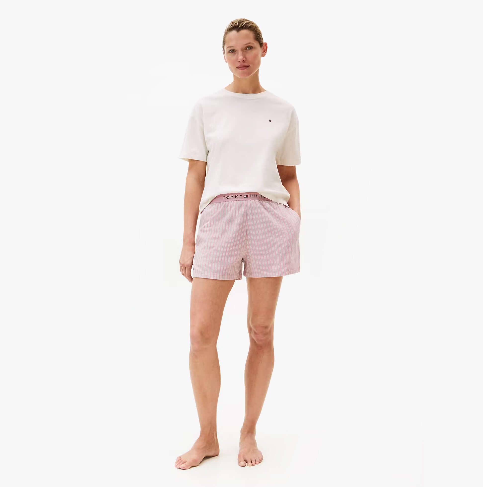 Tommy Hilfiger PJ SHORT SET Womens Pajamas Multicoloured front view model wearing extended sleeve loungewear set.