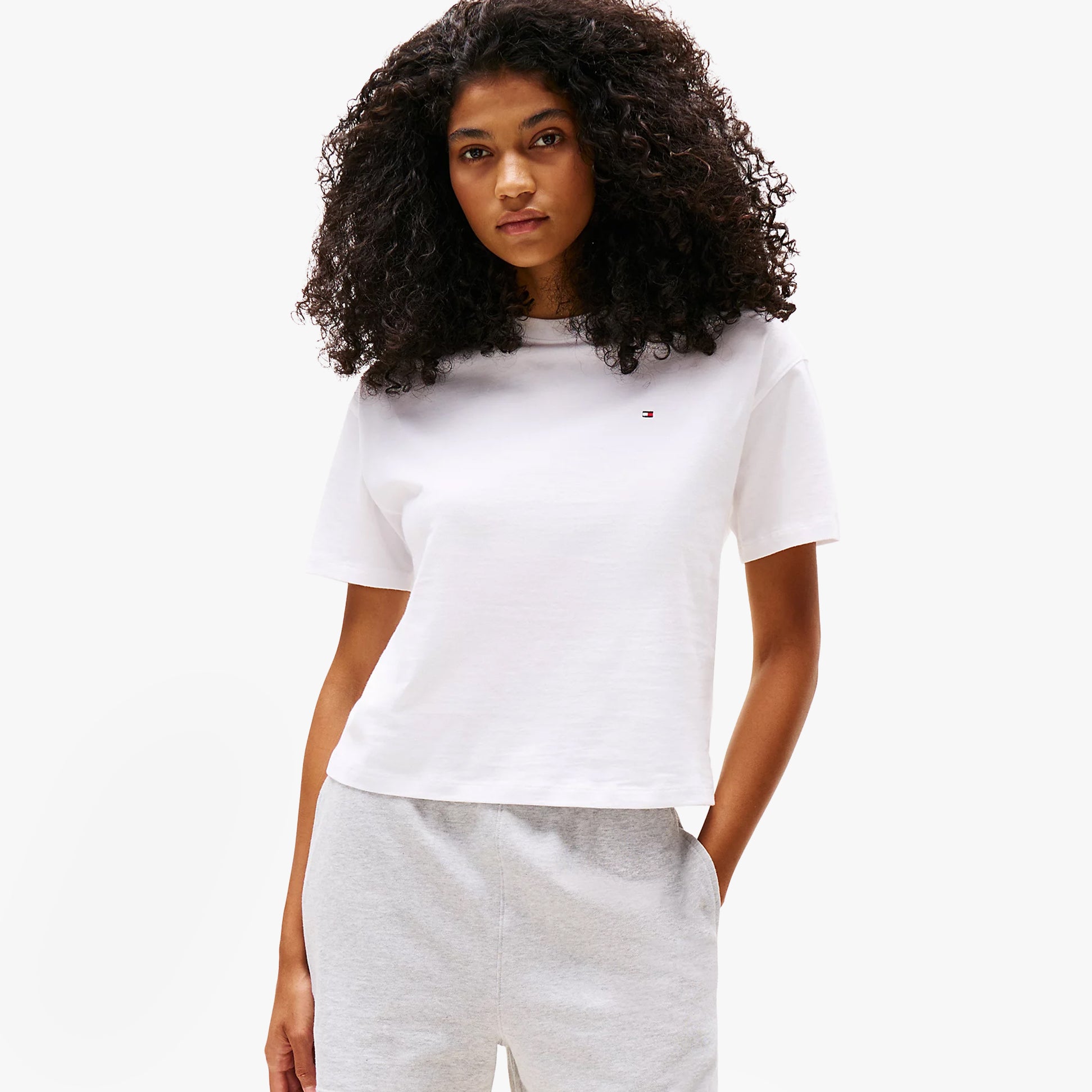 Tommy Hilfiger PURE COTTON Relaxed T-Shirt Womens White front view, featuring crew neckline and TH embroidery on chest.