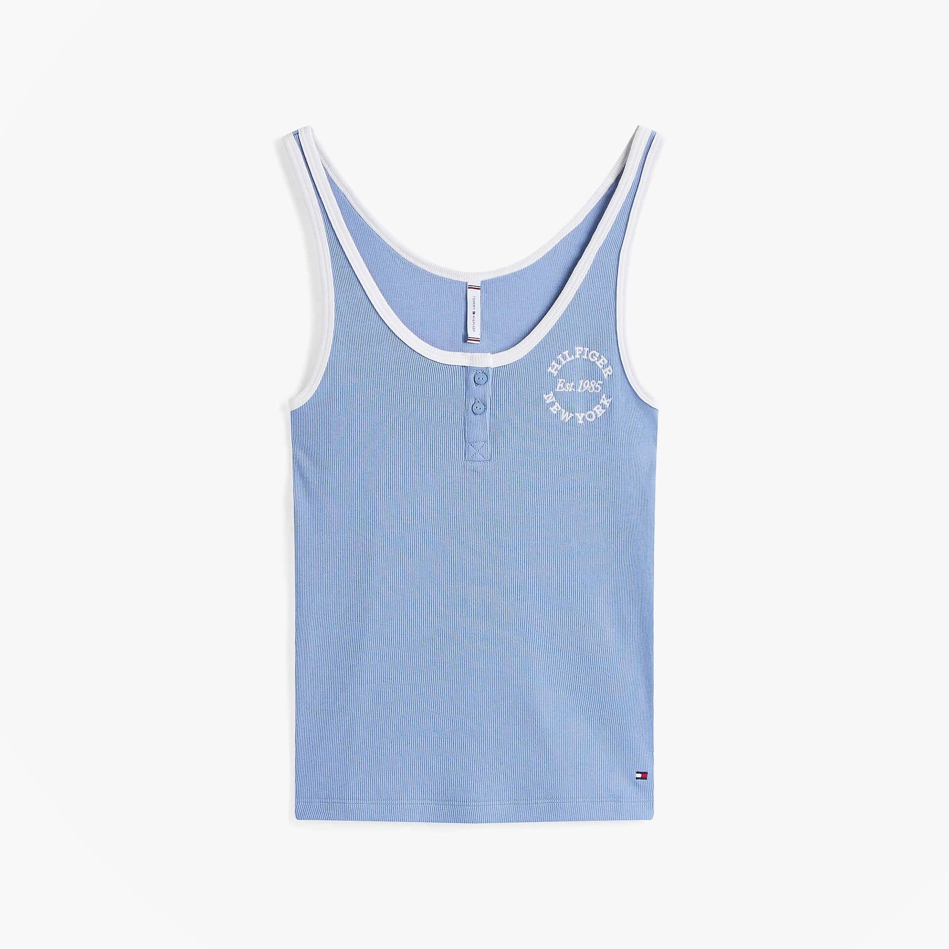 Tommy Hilfiger RIB TANK TOP Ladies Brisk Blue front view featuring sleeveless design and lightweight fabric.