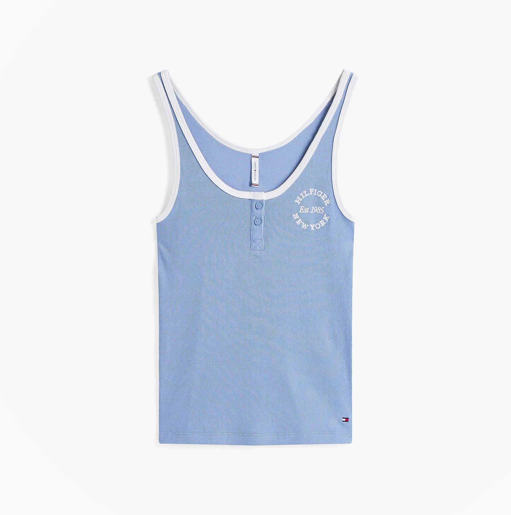 Tommy Hilfiger RIB TANK TOP Ladies Brisk Blue front view featuring sleeveless design and lightweight fabric.