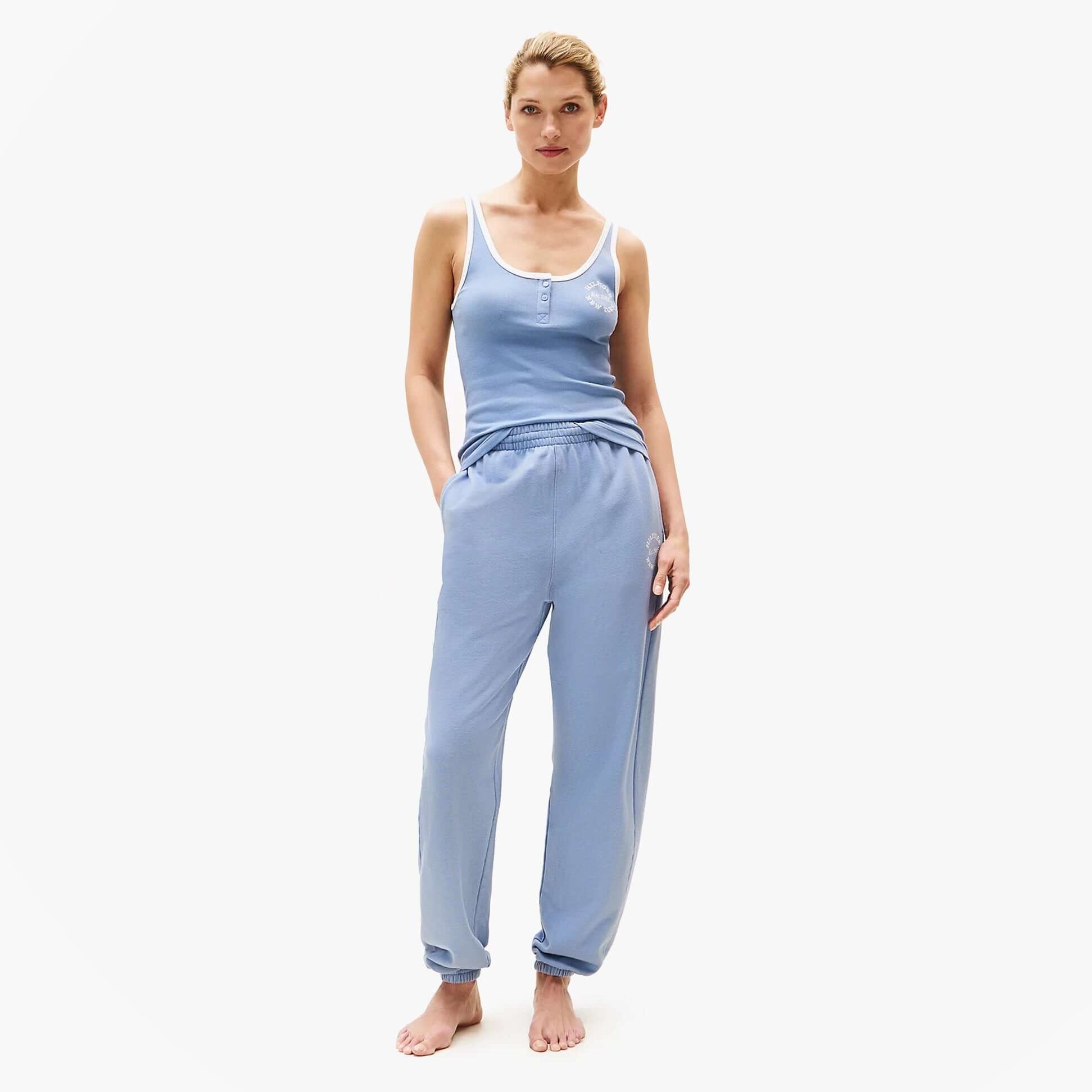 Tommy Hilfiger RIB TANK TOP Ladies Brisk Blue front view with matching joggers and model standing barefoot.