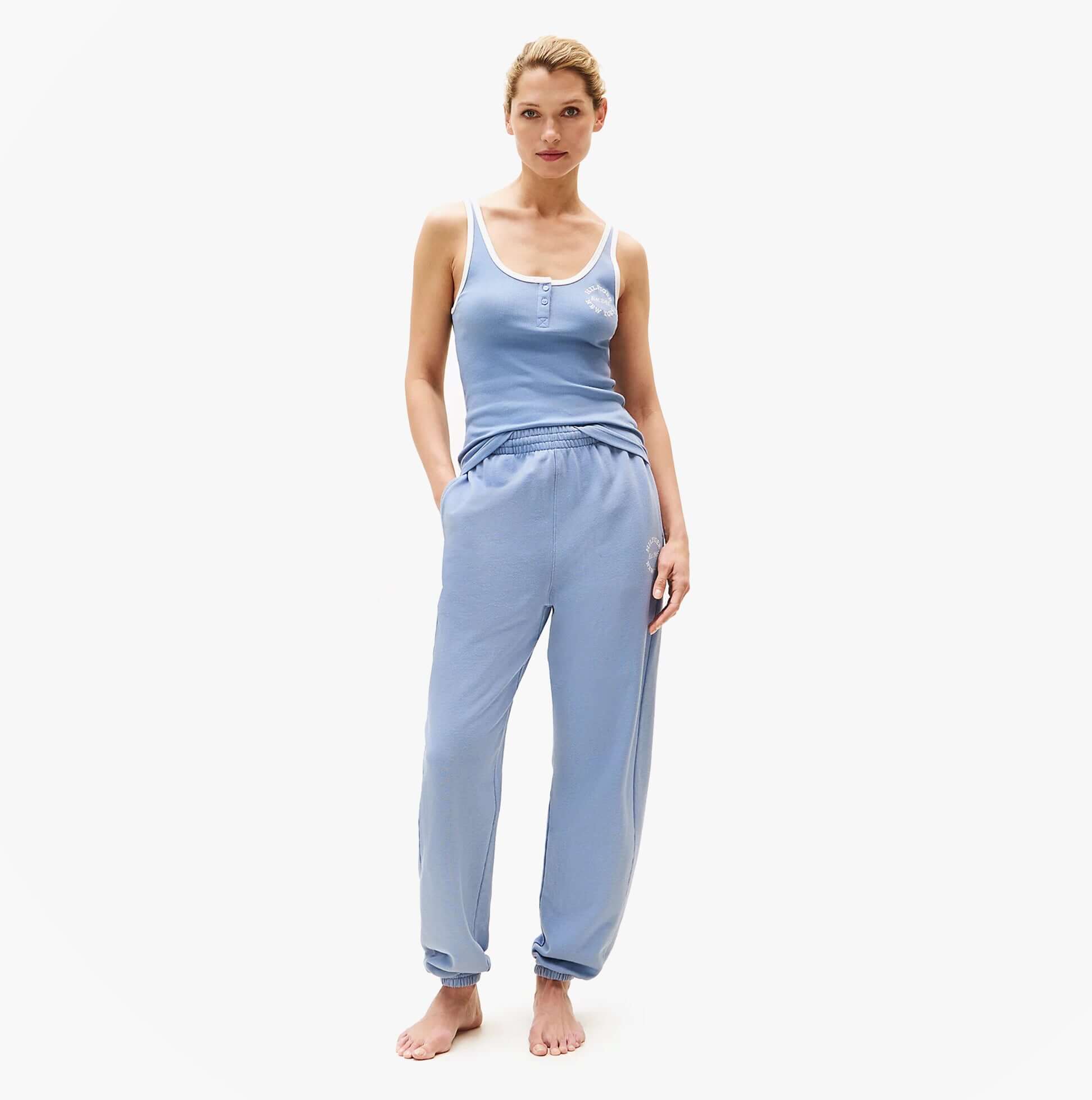 Tommy Hilfiger RIB TANK TOP Ladies Brisk Blue front view with matching joggers and model standing barefoot.