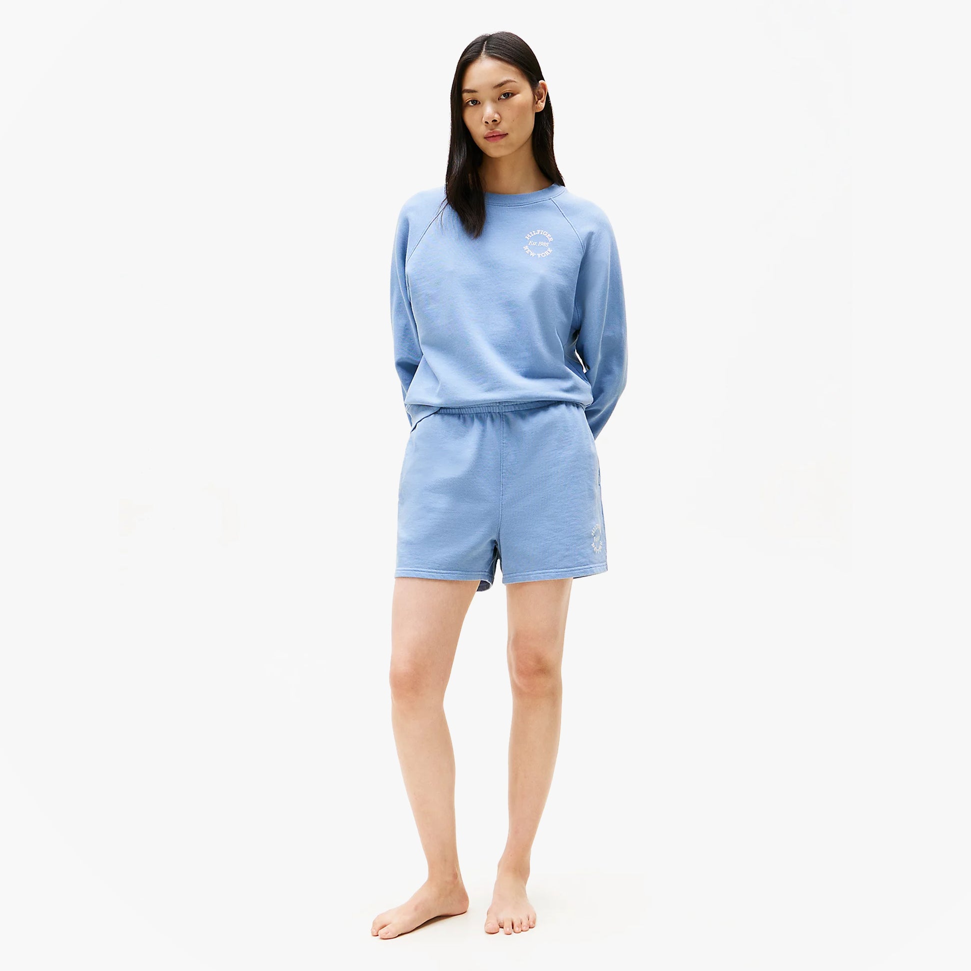 Tommy Hilfiger LOGO Relaxed Womens Lounge Shorts Brisk Blue front view showing the relaxed fit and lightweight fabric.