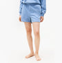 Tommy Hilfiger LOGO Relaxed Womens Lounge Shorts Brisk Blue front view showcasing lightweight cotton blend material.