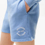 Tommy Hilfiger LOGO Relaxed Womens Lounge Shorts Brisk Blue detail view showcasing logo and fabric texture.