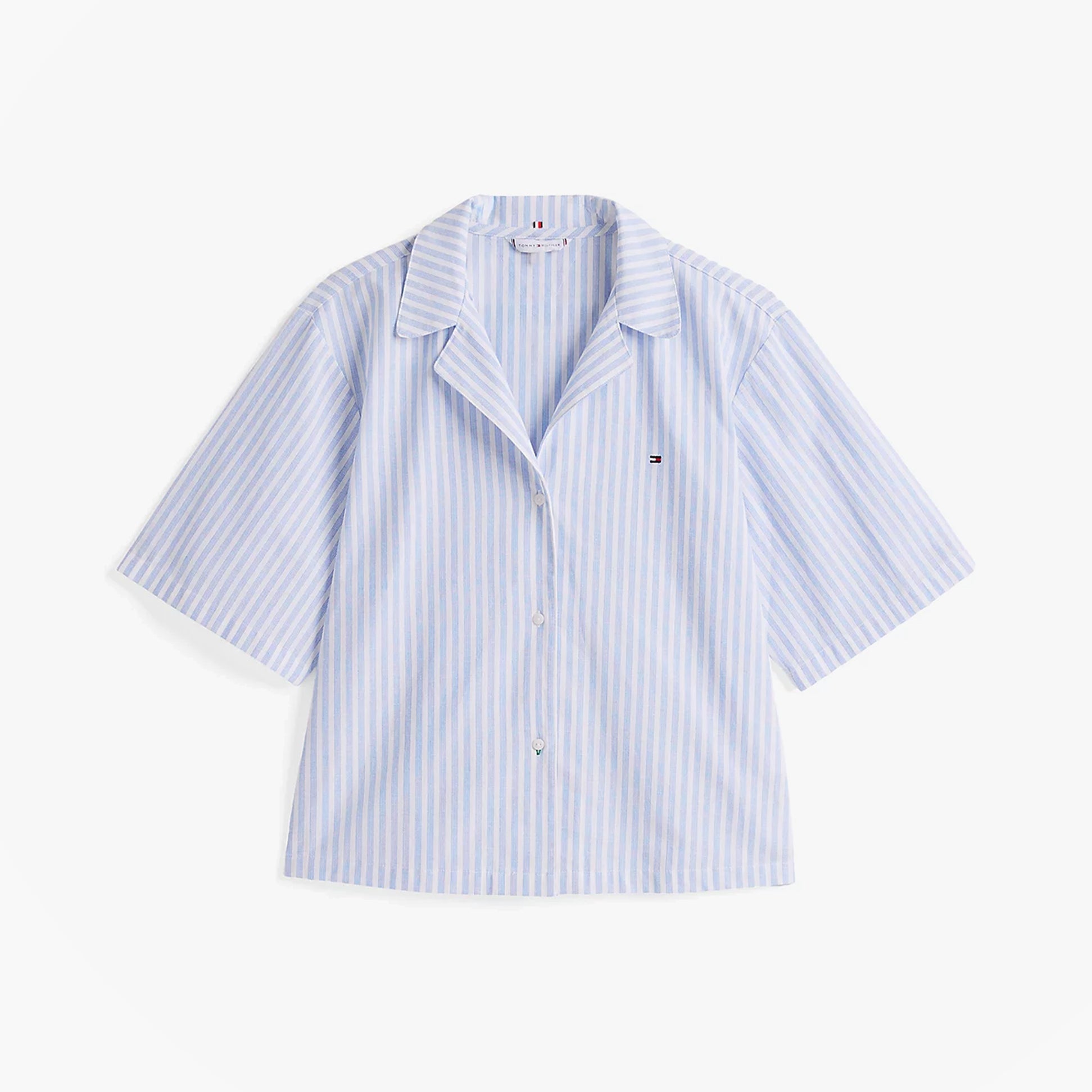 Tommy Hilfiger LINEN Relaxed Pyjama Set Womens Multi Stripes Blue Spell front view short sleeve camp collar shirt