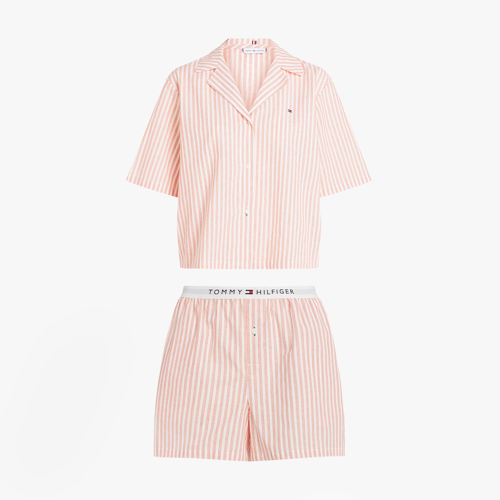Tommy Hilfiger LINEN Relaxed Pyjama Set Womens Multicoloured front view featuring camp collar shirt and elasticated shorts.