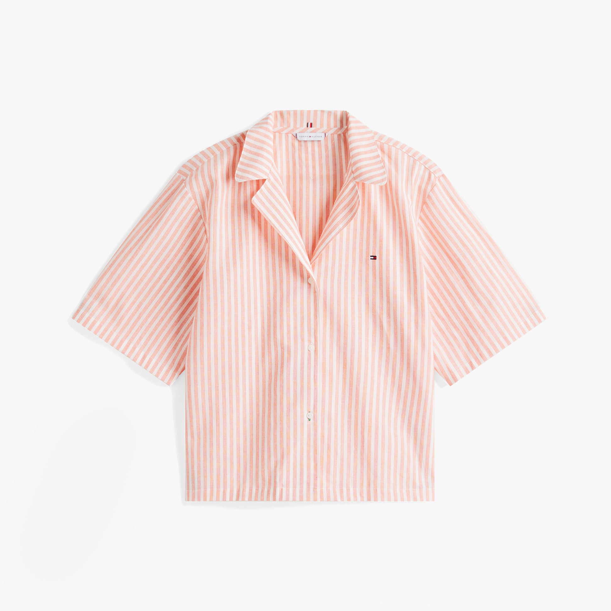 Tommy Hilfiger LINEN Relaxed Pyjama Set Womens Multicoloured short sleeve camp collar shirt front view in pink stripes with logo.