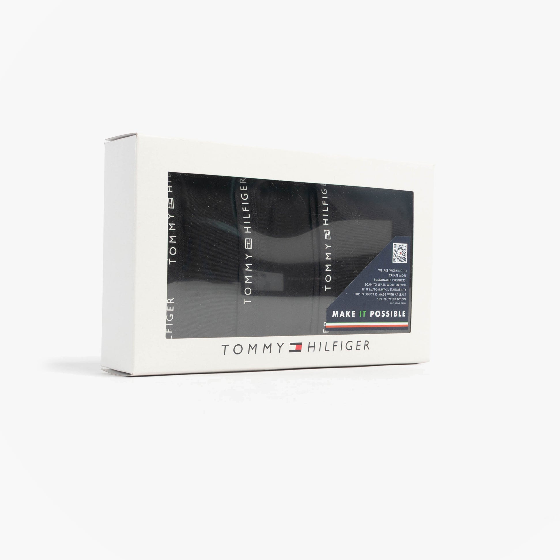 Tommy Hilfiger LACE 3 Pack Womens Thongs Black in original packaging front view, showcasing three black thongs.