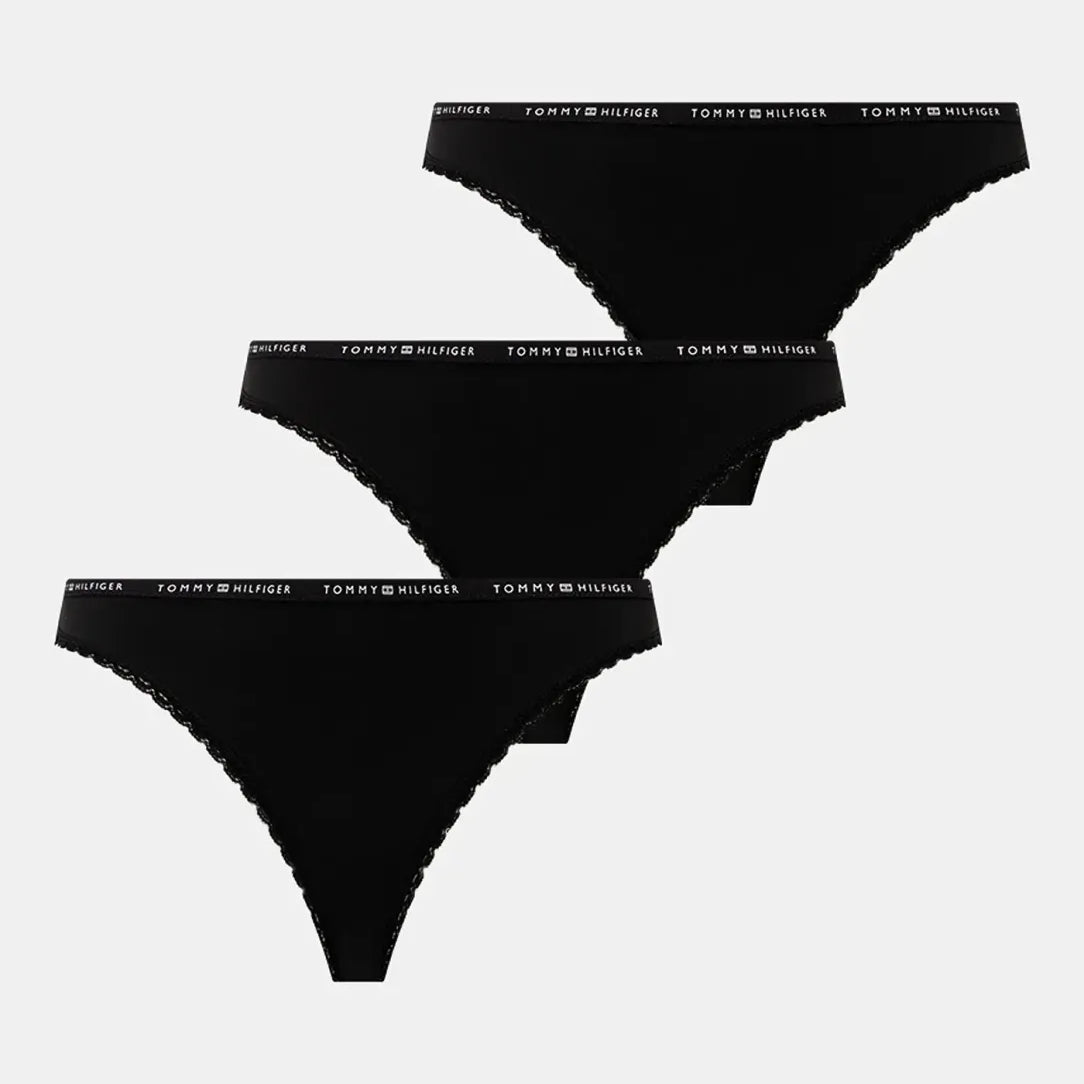 Tommy Hilfiger LACE 3 Pack Womens Thongs Black front view showing three black thongs with signature waistband.