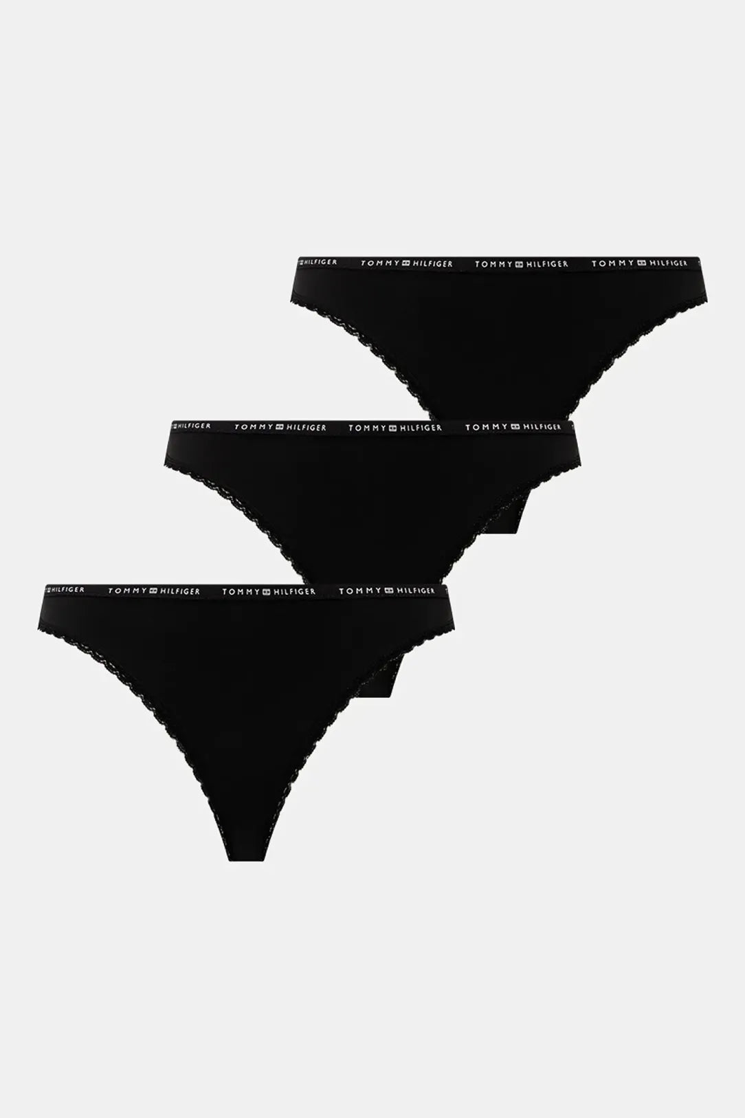 Tommy Hilfiger LACE 3 Pack Womens Thongs Black front view showing three black thongs with signature waistband.
