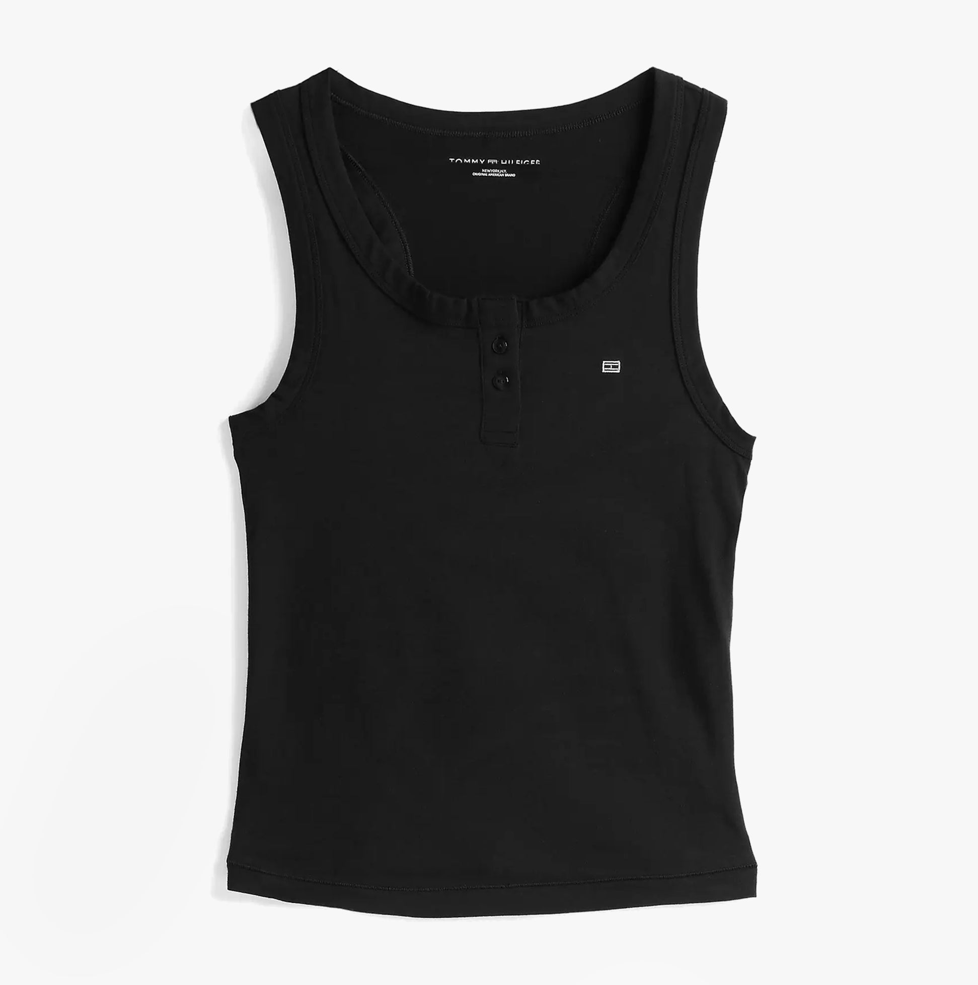 Tommy Hilfiger LOGO Racerback Pyjama Set Womens Black top front view featuring sleeveless design and logo detail.