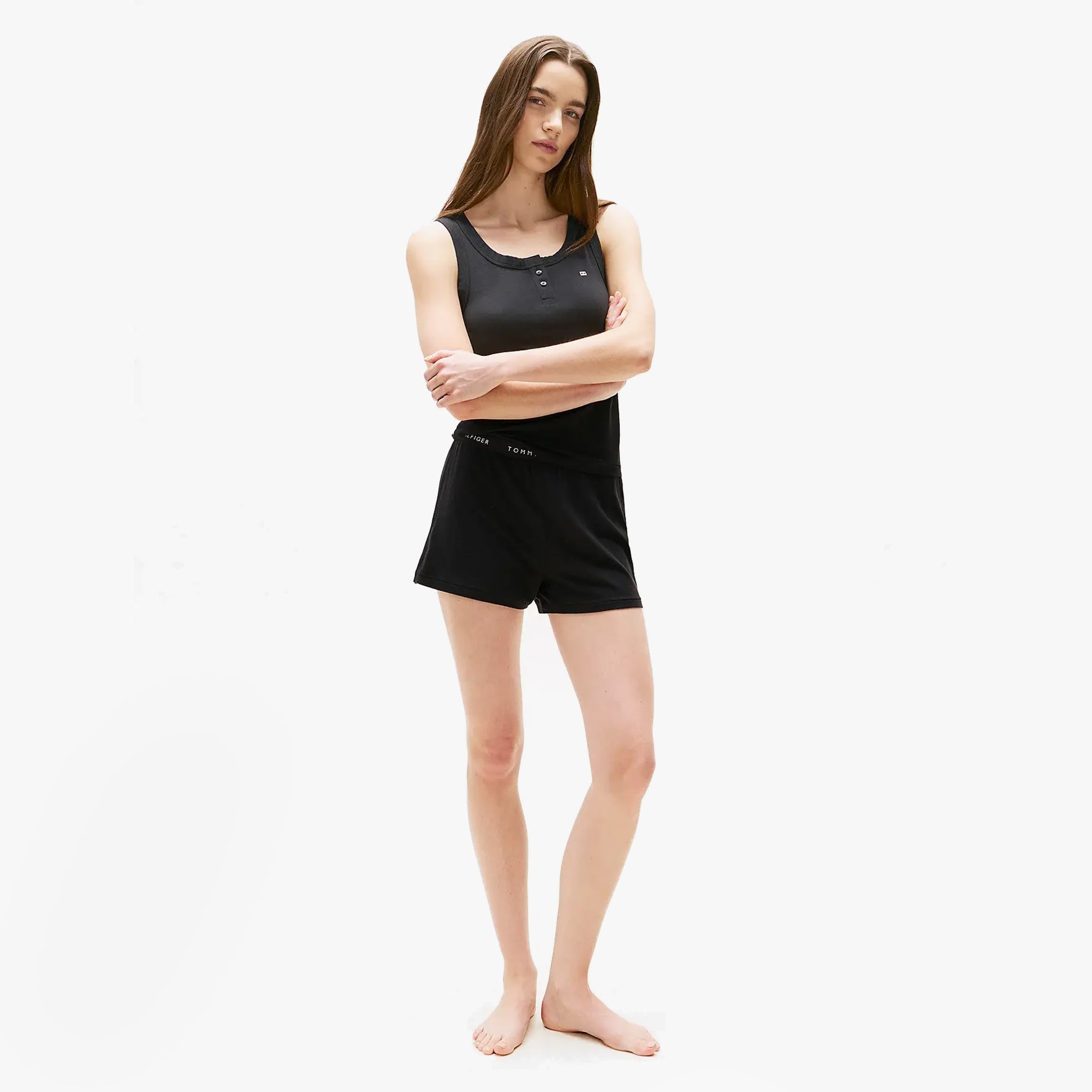Tommy Hilfiger LOGO Racerback Pyjama Set Womens Black front view showing sleeveless top and shorts.