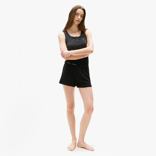 Tommy Hilfiger LOGO Racerback Pyjama Set Womens Black front view showing sleeveless top and shorts.