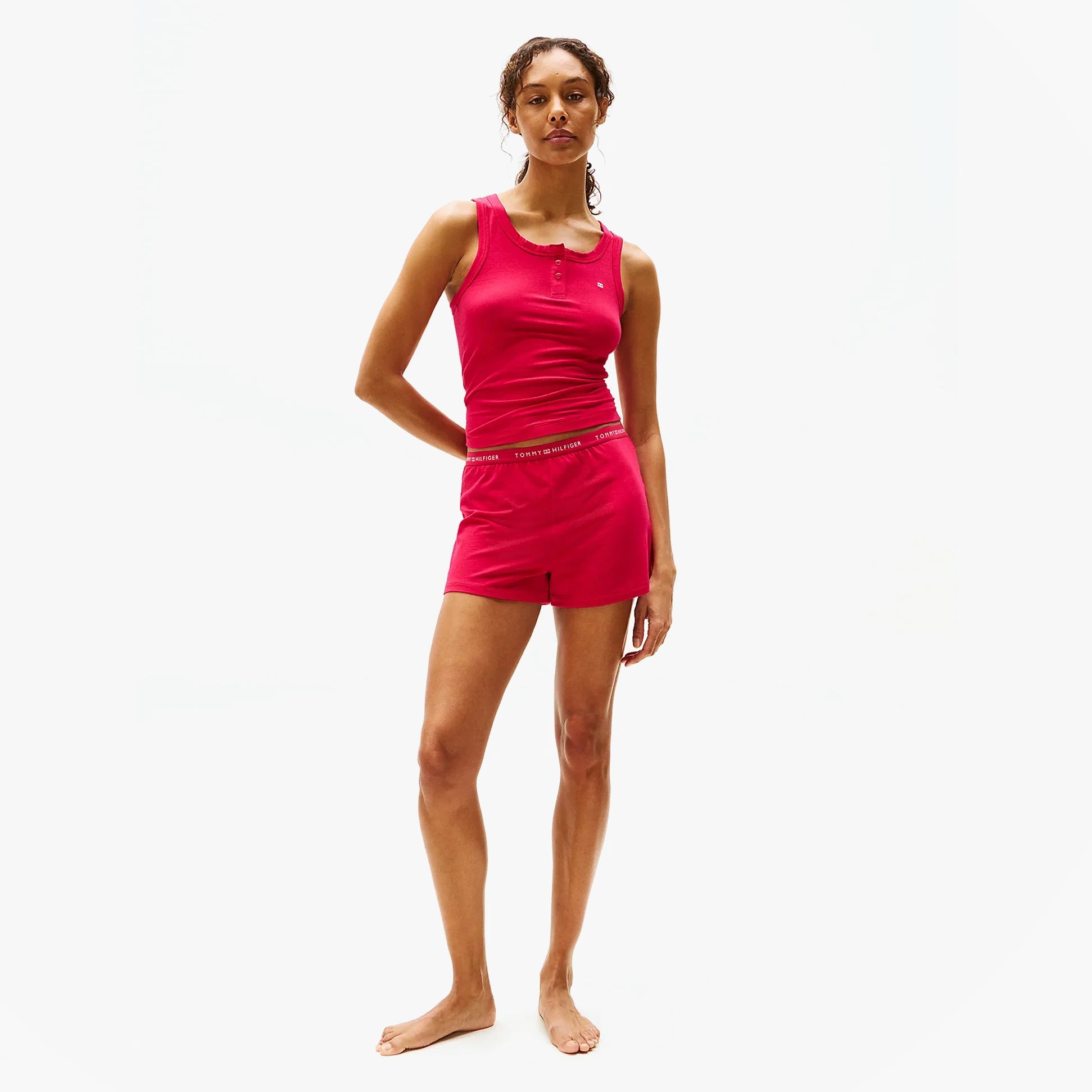 Tommy Hilfiger LOGO Womens Racerback Pyjama Set Vivacious Pink front view featuring sleeveless top and shorts.