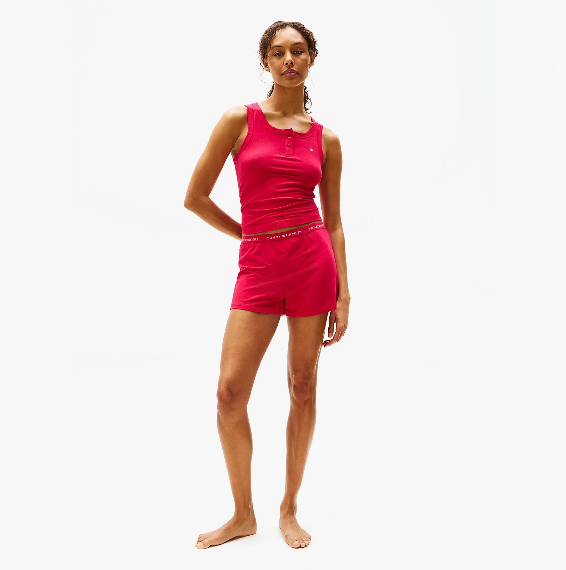Tommy Hilfiger LOGO Womens Racerback Pyjama Set Vivacious Pink front view featuring sleeveless top and shorts.