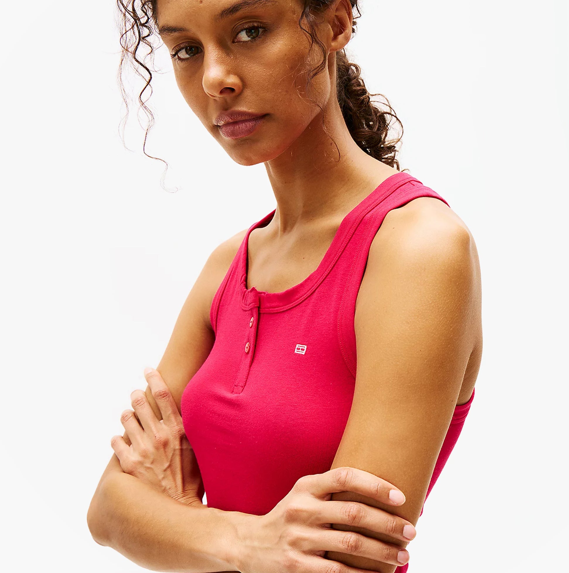 Tommy Hilfiger LOGO Womens Racerback Pyjama Set Vivacious Pink front view, featuring a sleeveless top and TH logo detail.