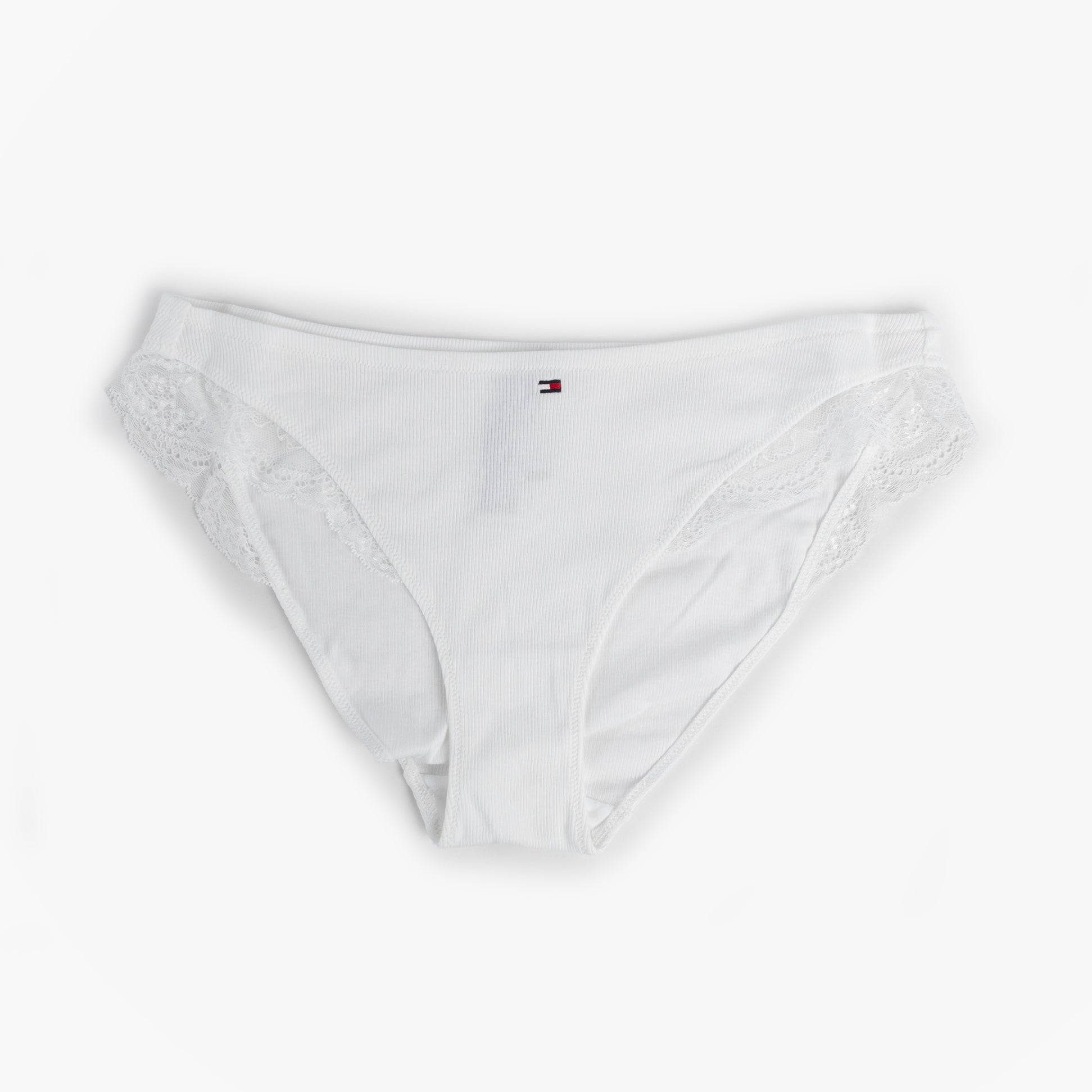 Tommy Hilfiger DIPPED BIKINI Womens White front view featuring lace trim and ribbed texture.