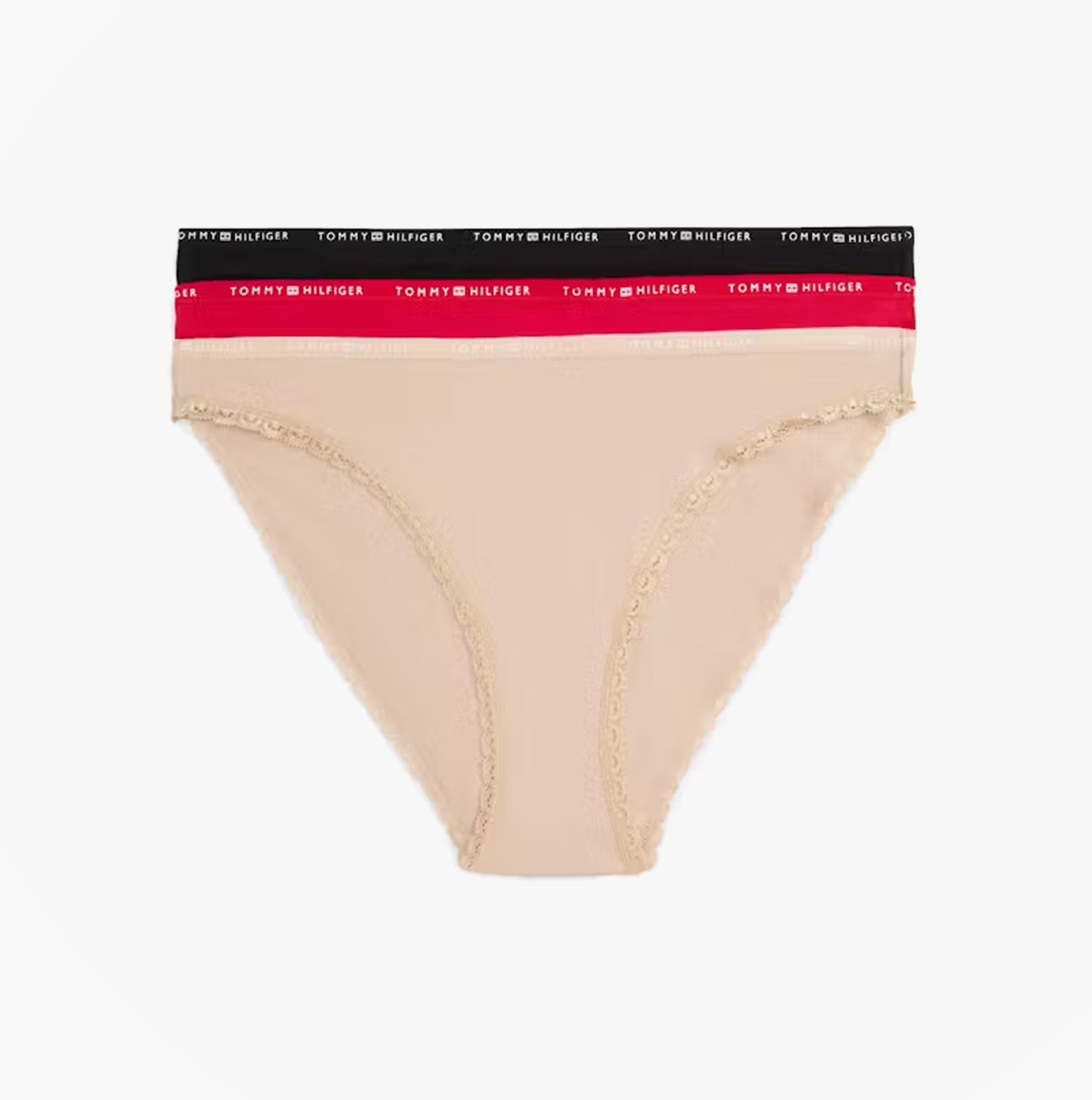 Tommy Hilfiger Womens 3 Pack Lace Trim Bikini Brief Multicolour front view with lace trim and logo waistband.