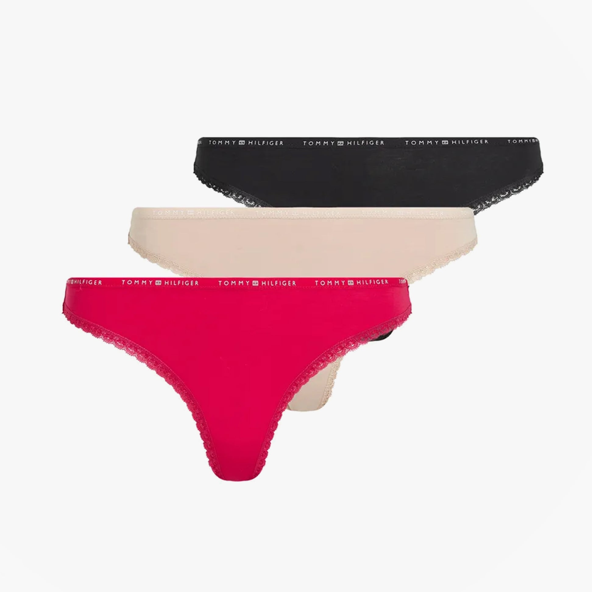 Tommy Hilfiger 3 PACK LACE Womens Thong Multicoloured side view featuring black, beige, and pink thongs with logo detail.