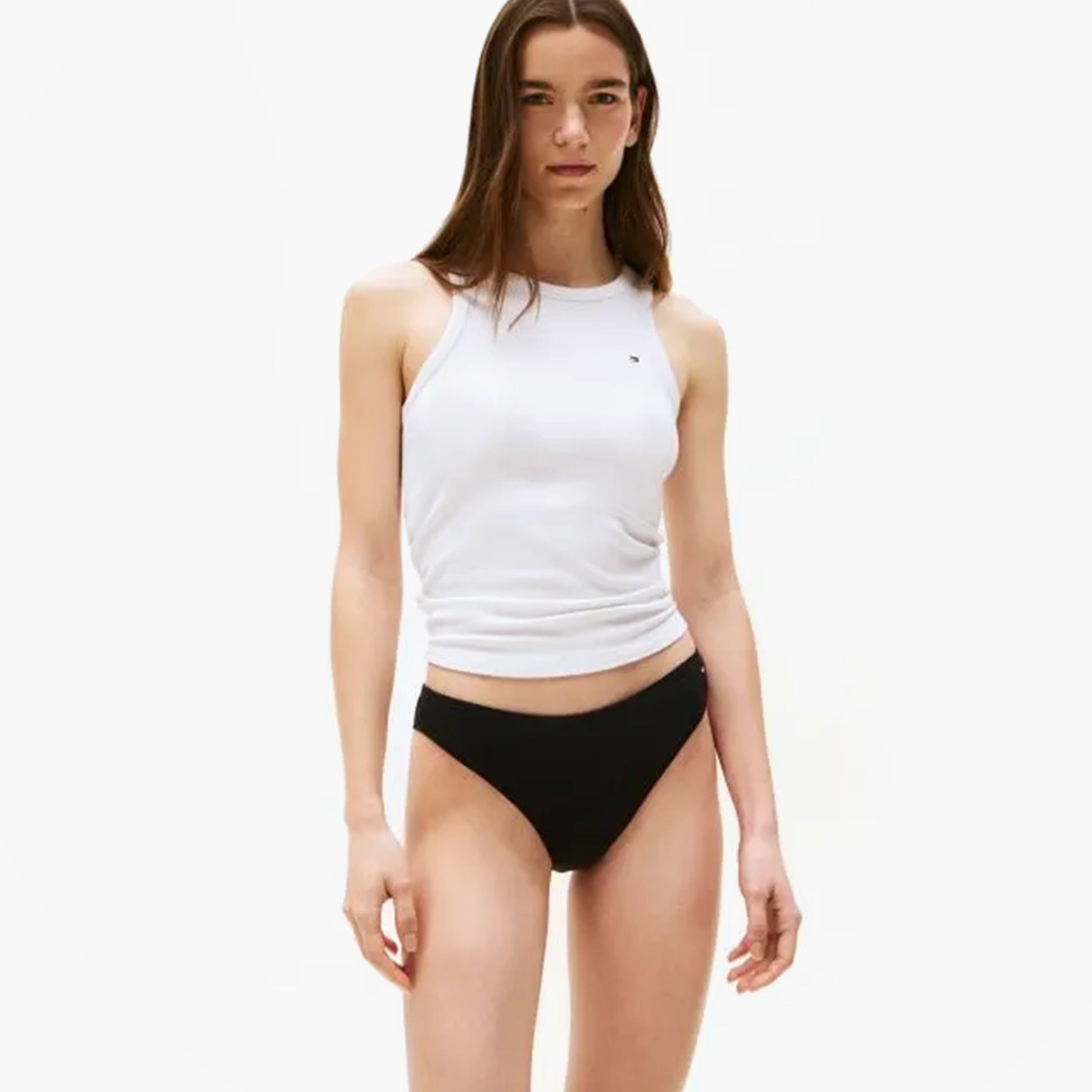 Tommy Hilfiger 3 PACK DIPPED BRAZIL Womens Briefs Brazilian Black front view with model wearing white tank top.