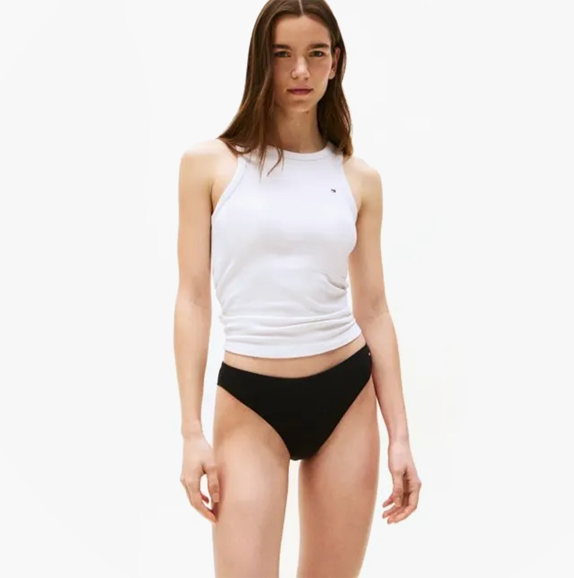 Tommy Hilfiger 3 PACK DIPPED BRAZIL Womens Briefs Brazilian Black front view with model wearing white tank top.