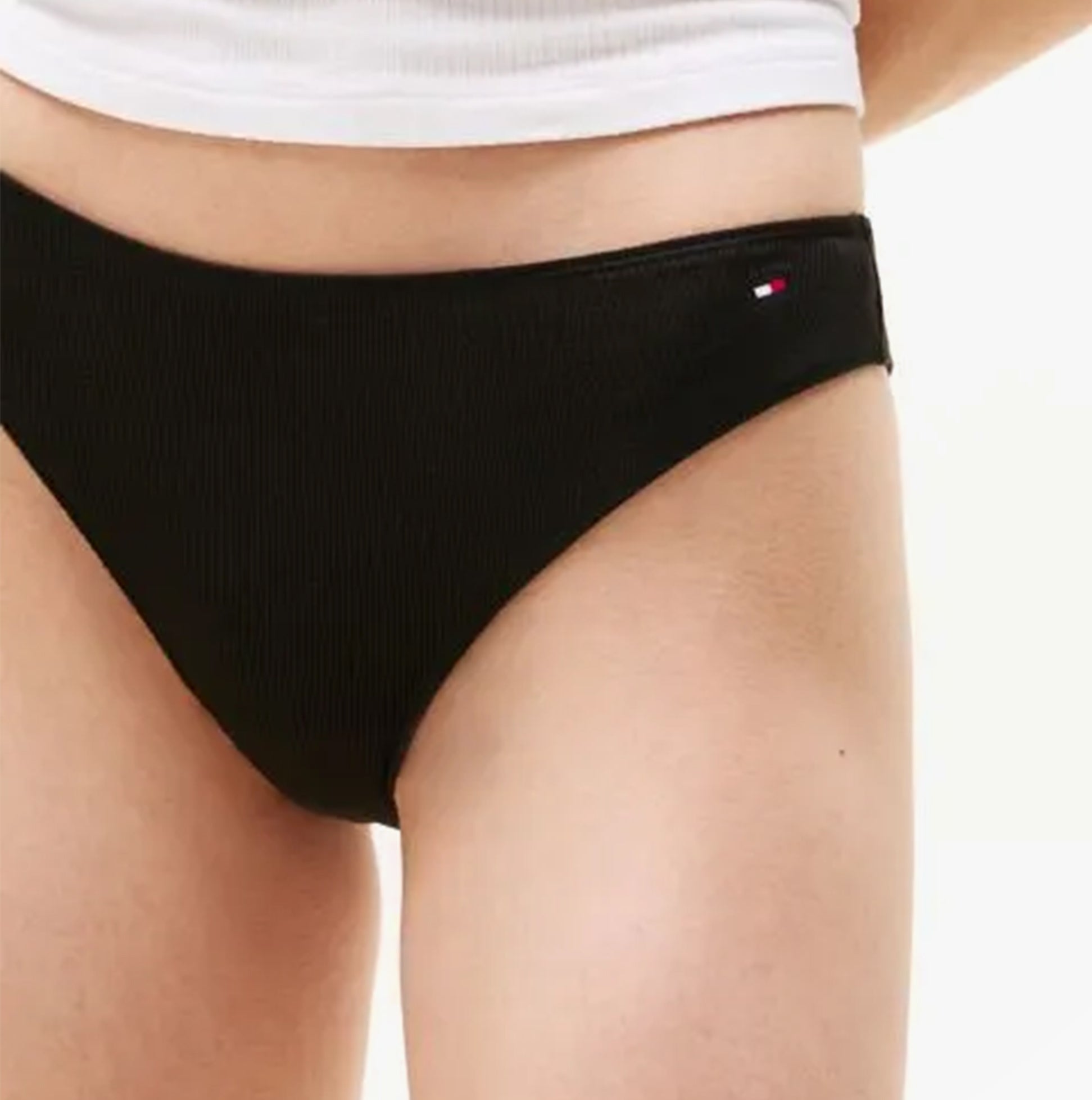 Tommy Hilfiger 3 PACK DIPPED BRAZIL Womens Briefs Brazilian Black side view of black ribbed fabric with logo detail