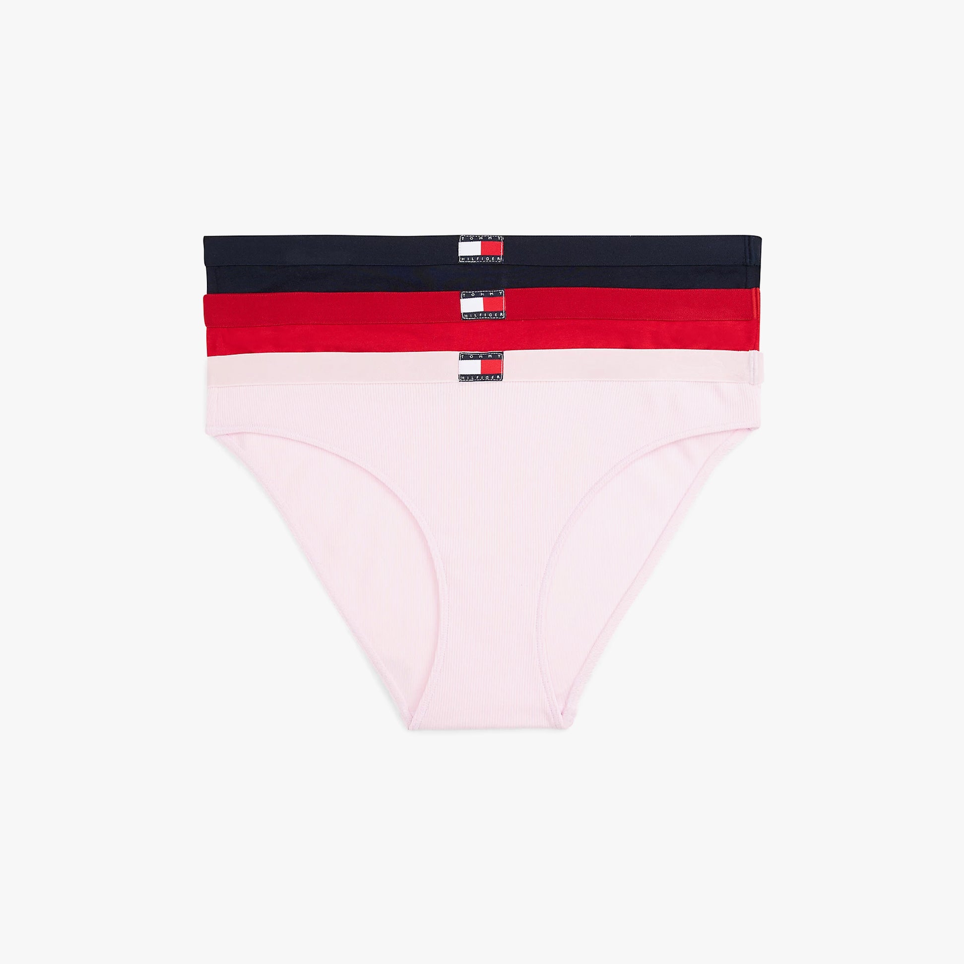 Tommy Hilfiger HERITAGE 3 Pack Womens Briefs Multicoloured showing side view with pink, red, and navy bikini styles.