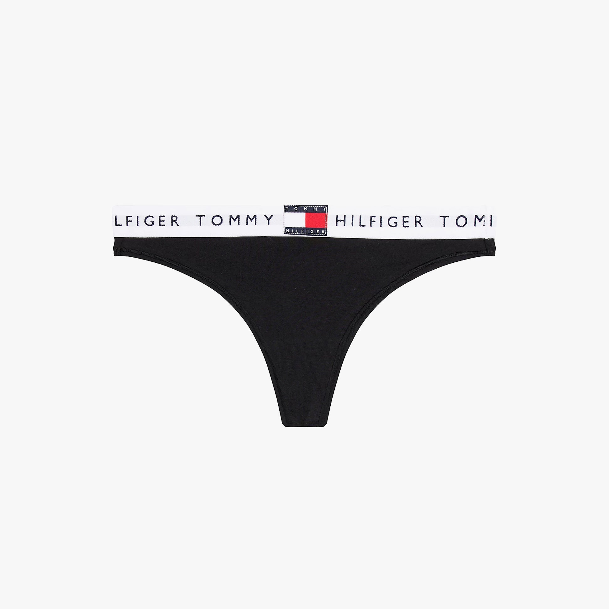 Tommy Hilfiger HERITAGE WAISTBAND Womens Logo Thong Black front view showcasing the iconic TH repeat logo waistband.