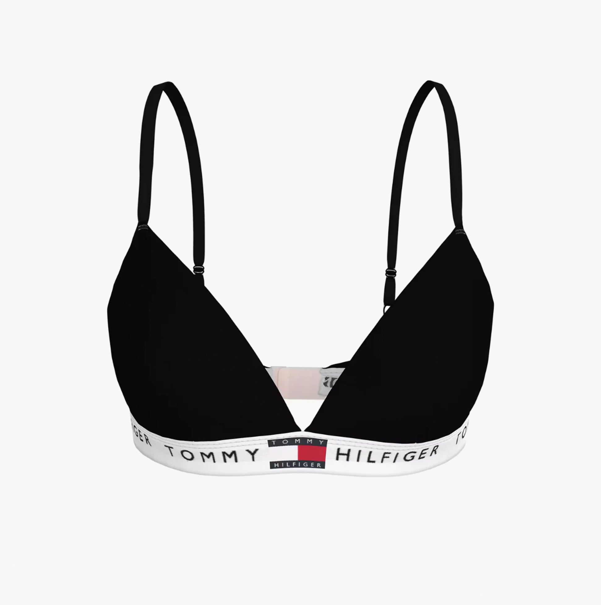 Tommy Hilfiger RP TRIANGLE BRA Womens Black front view with lightly lined moulded cups and TH repeat logo underband.