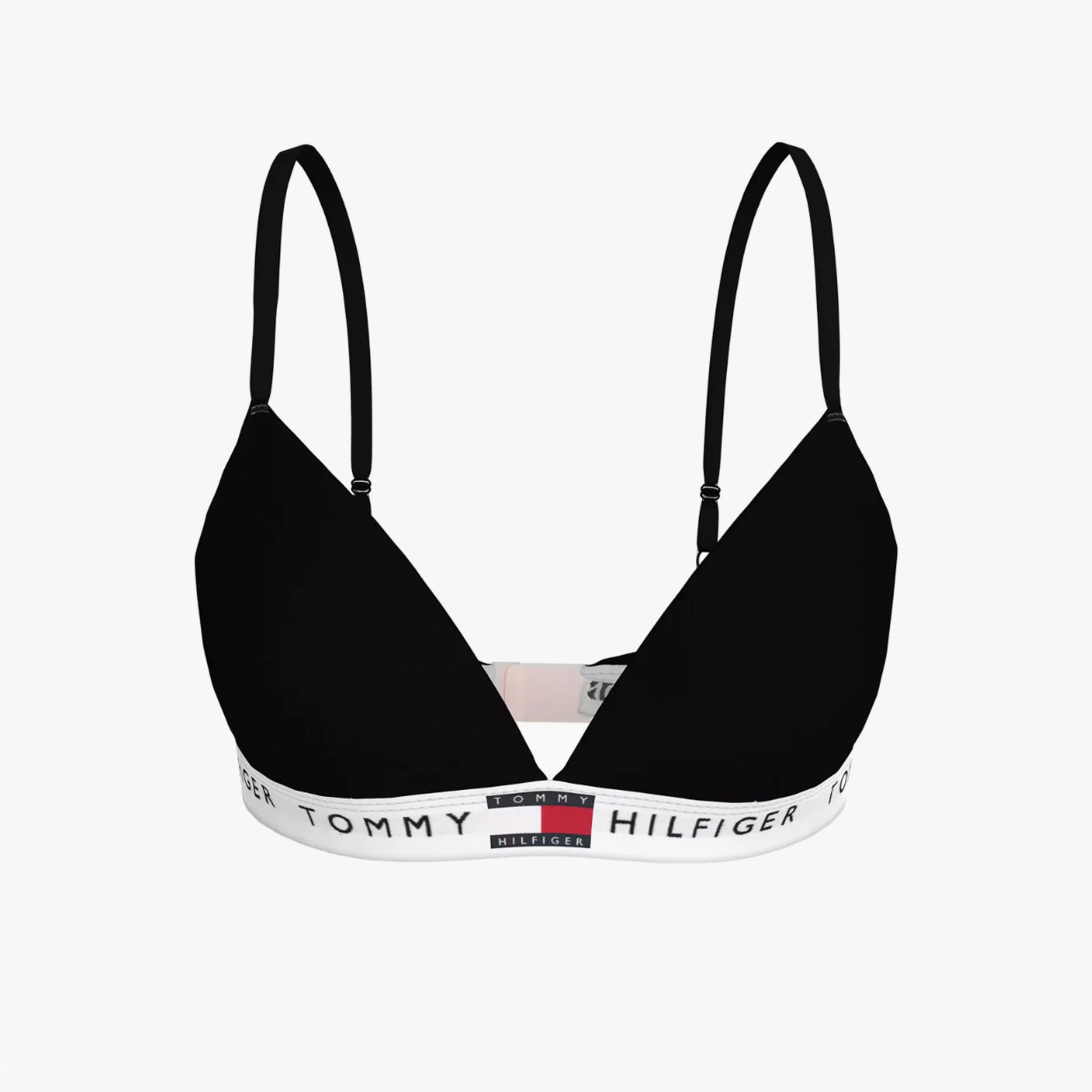 Tommy Hilfiger RP TRIANGLE BRA Womens Black front view featuring triangle cups and TH repeat logo underband.