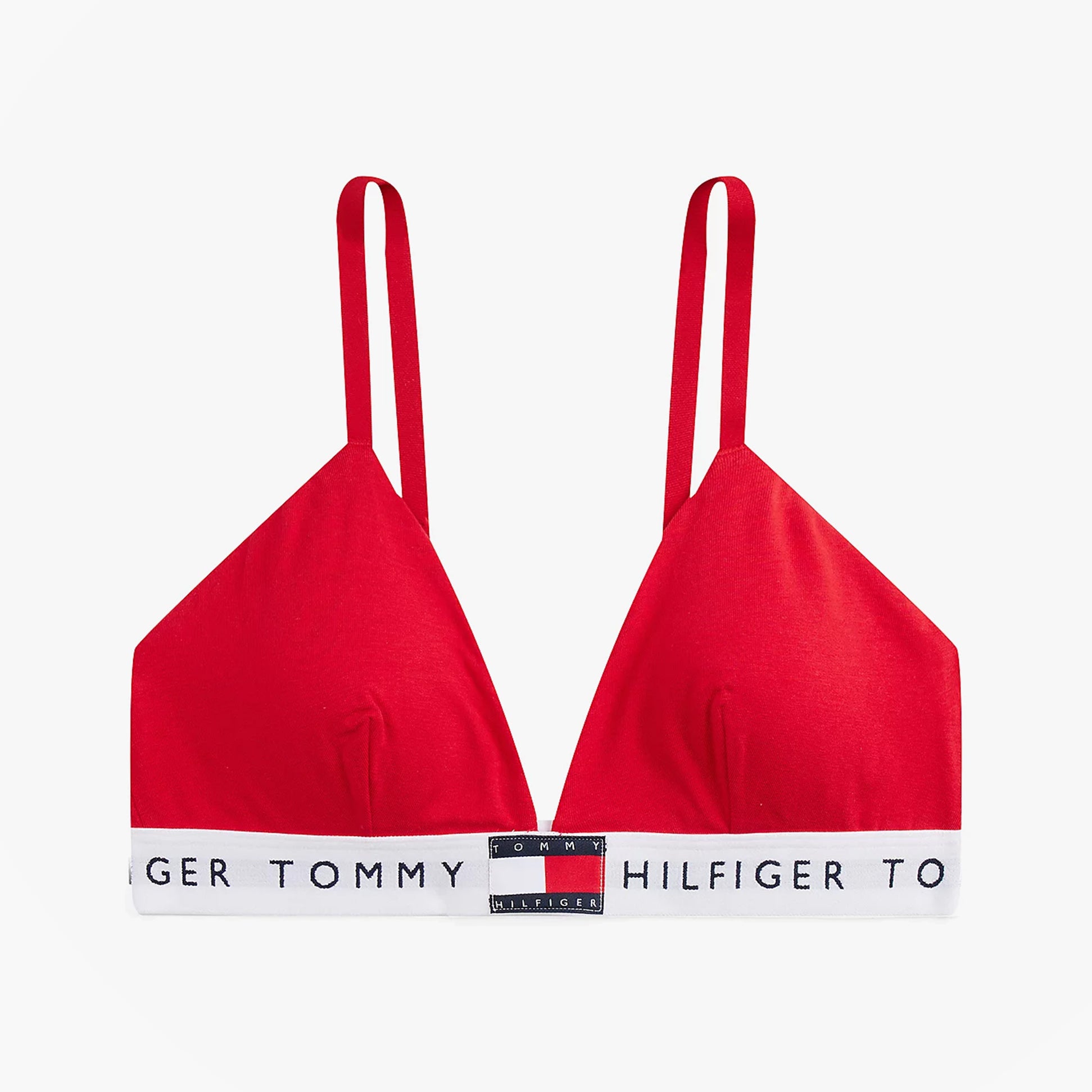 Tommy Hilfiger HERITAGE LOGO Womens Padded Bralette Primary Red front view showing triangle cups and adjustable straps.