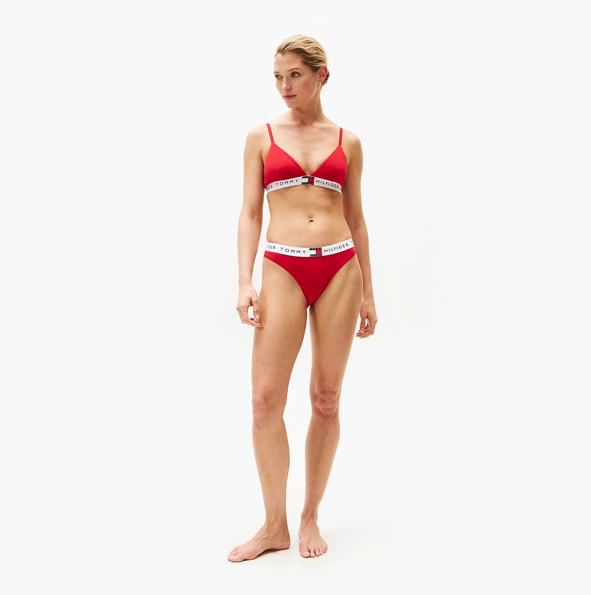 Tommy Hilfiger HERITAGE LOGO Womens Padded Bralette Primary Red front view on model wearing matching red underwear.