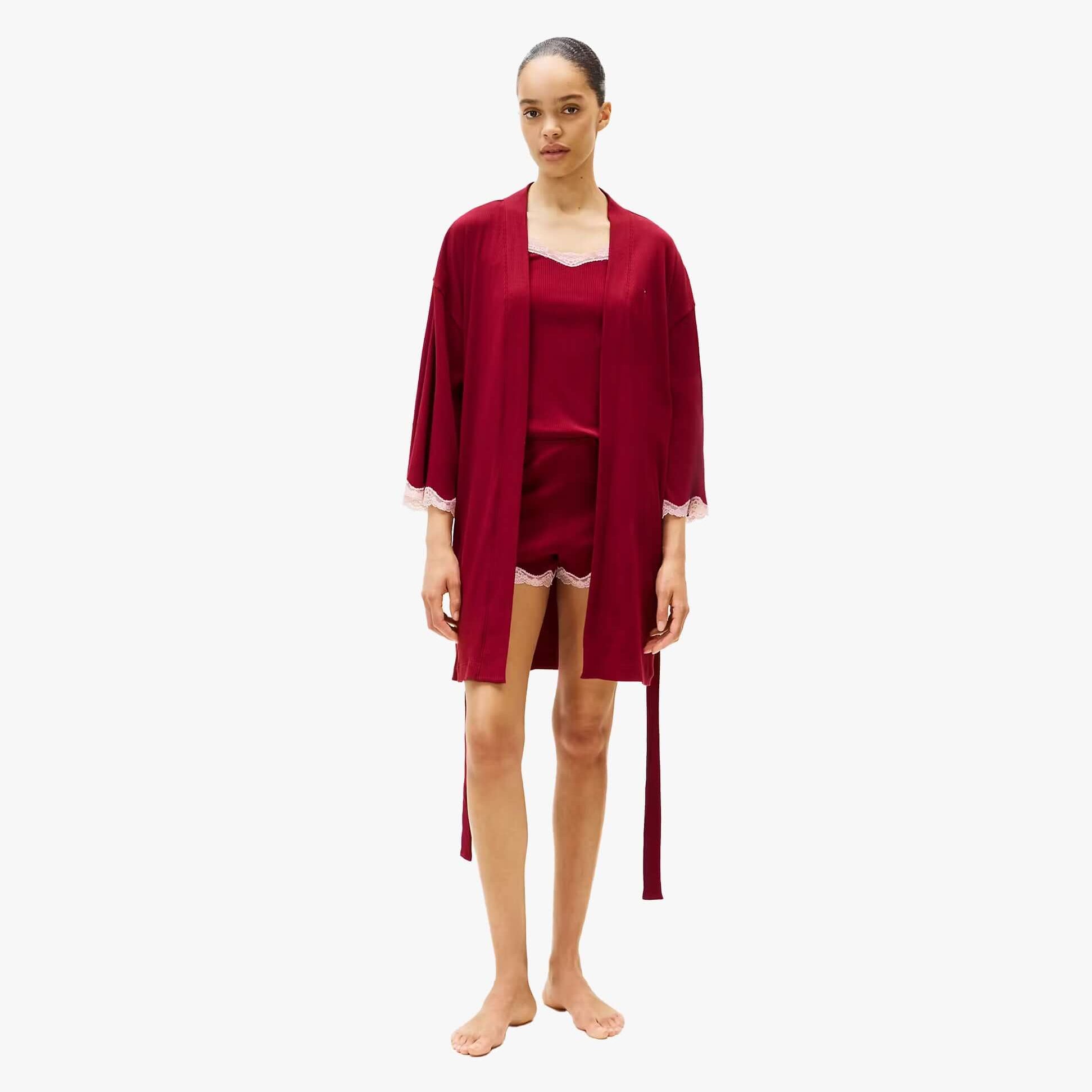 Tommy Hilfiger LACE KIMONO Womens Rouge front view on model showcasing relaxed fit and lace details.