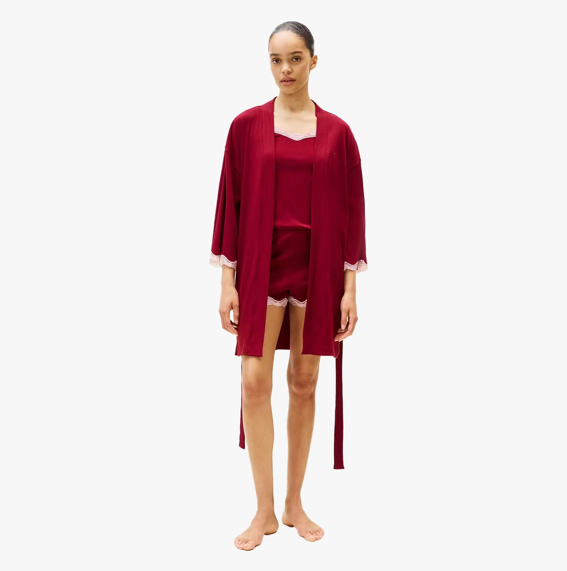 Tommy Hilfiger LACE KIMONO Womens Rouge front view on model showcasing relaxed fit and lace details.