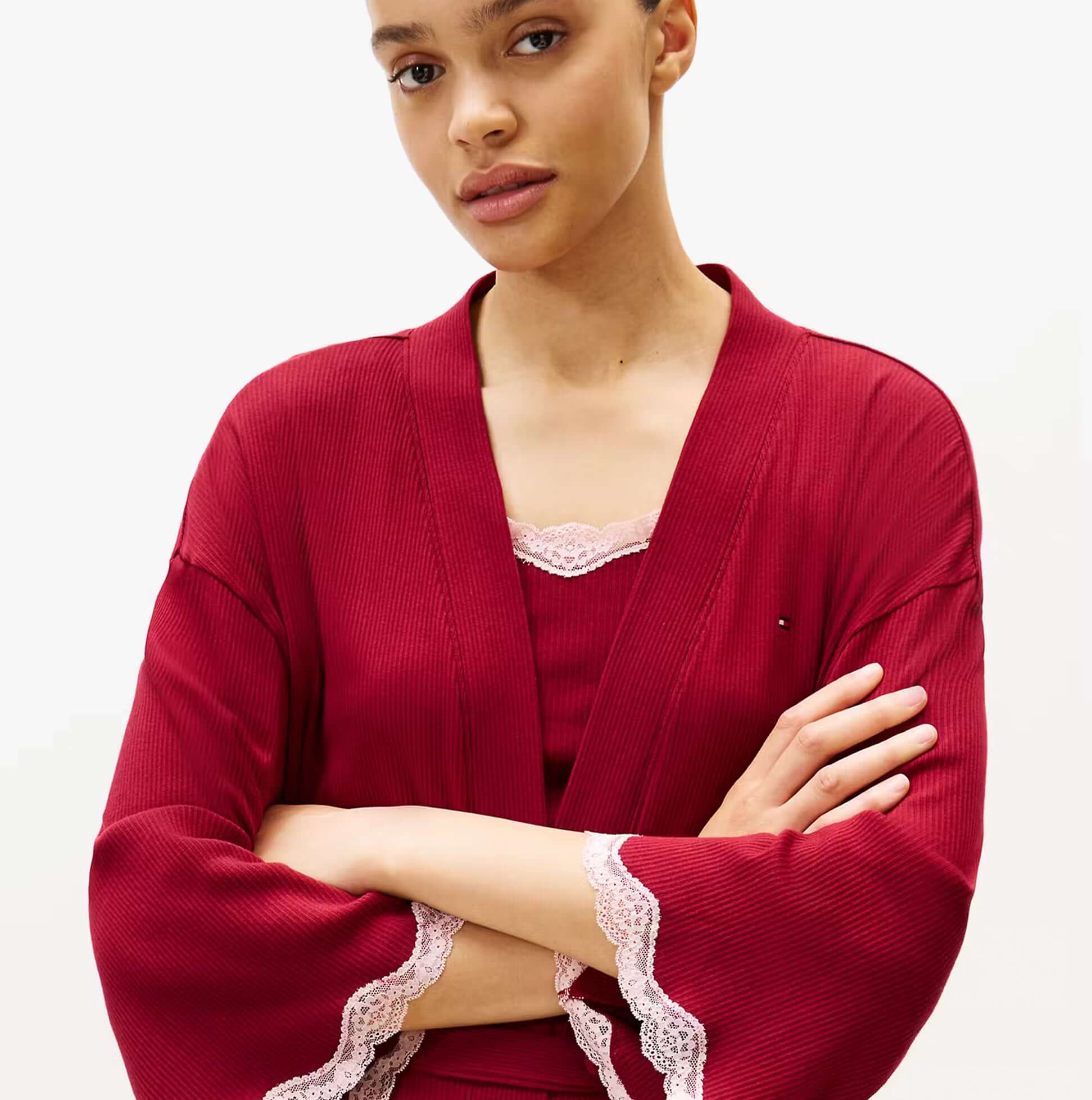 Tommy Hilfiger LACE KIMONO Womens Rouge front view showcasing lace details and relaxed fit.