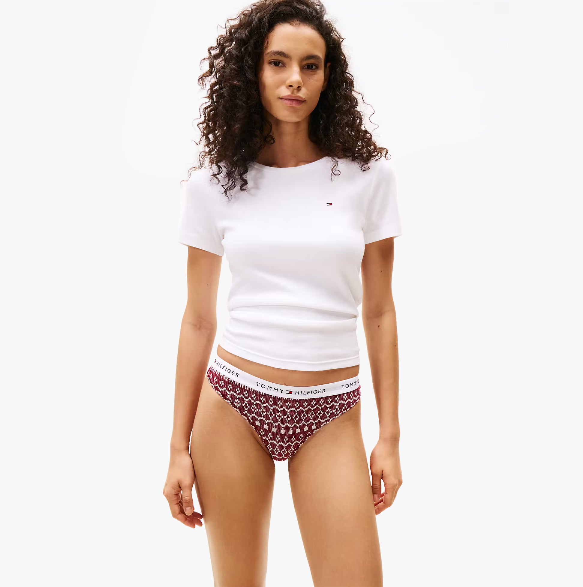 Tommy Hilfiger UW0UW06134 GIFT 3 PACK THONG PR Womens Thong Multicoloured front view model wearing.