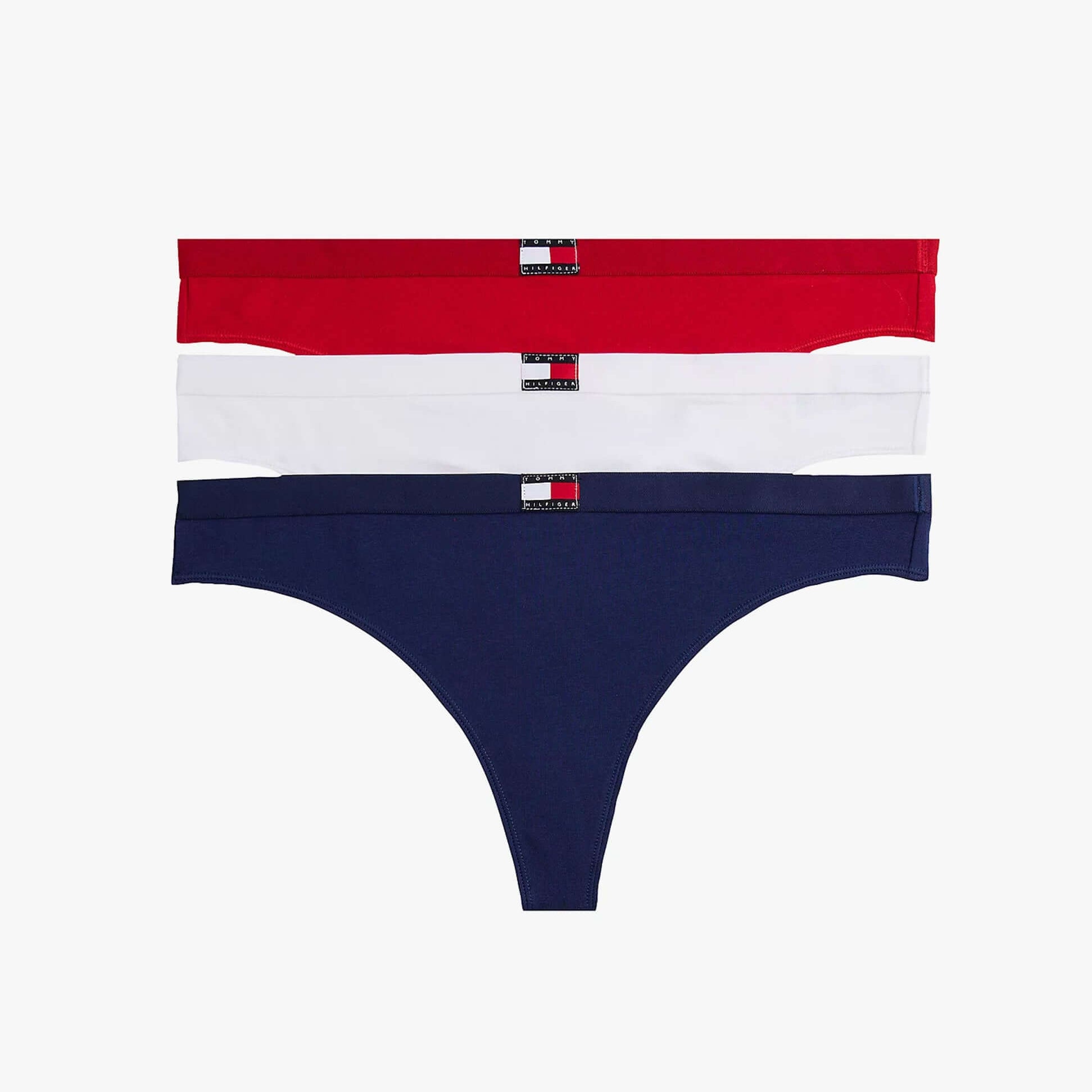 Tommy Hilfiger Womens 3 PACK THONG Multicoloured front view of red, white, and navy thongs.